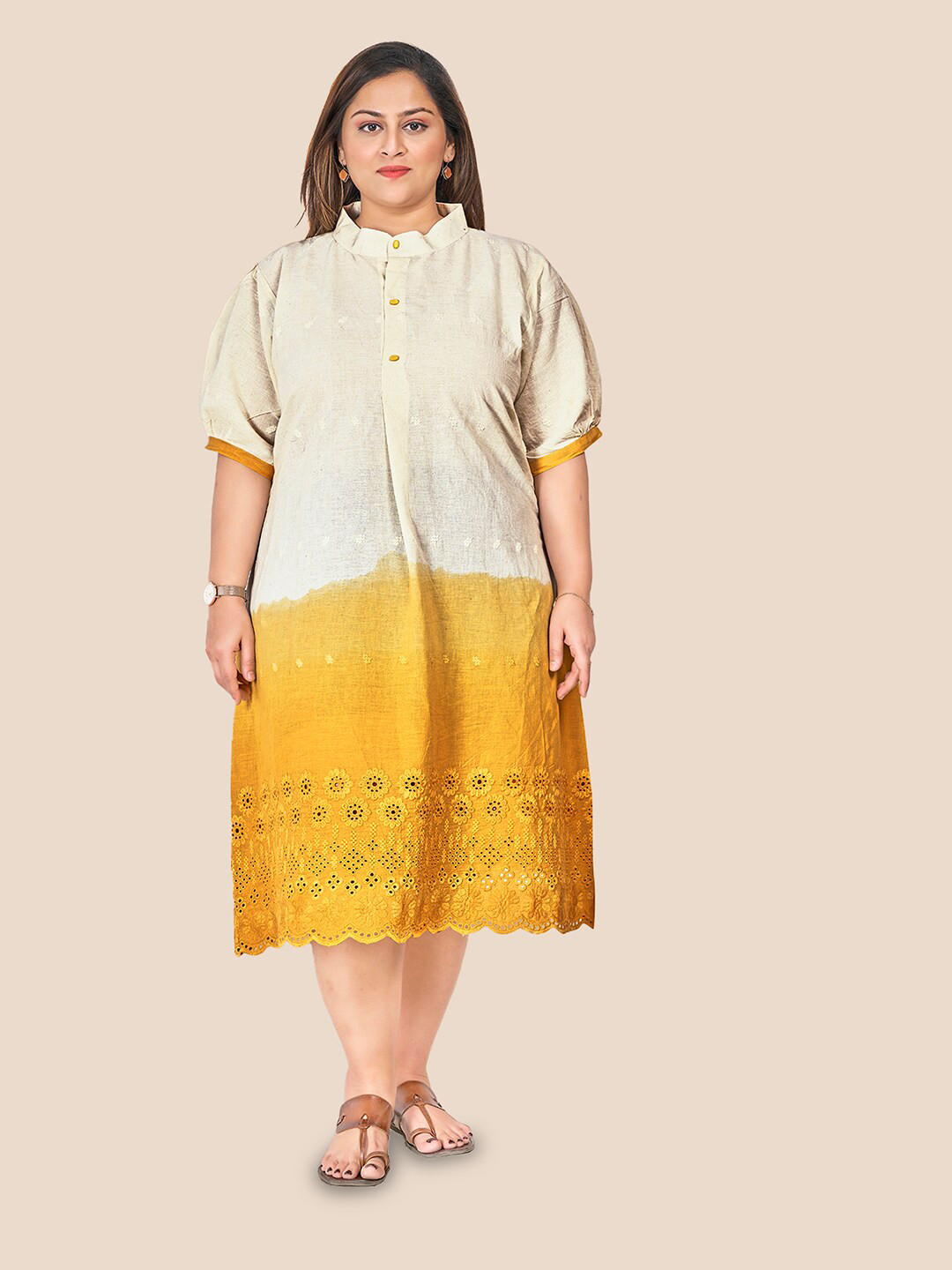

Curvy Lane Plus Size Self Design Schiffli Band Collar Cotton A-Line Midi Dress, Yellow