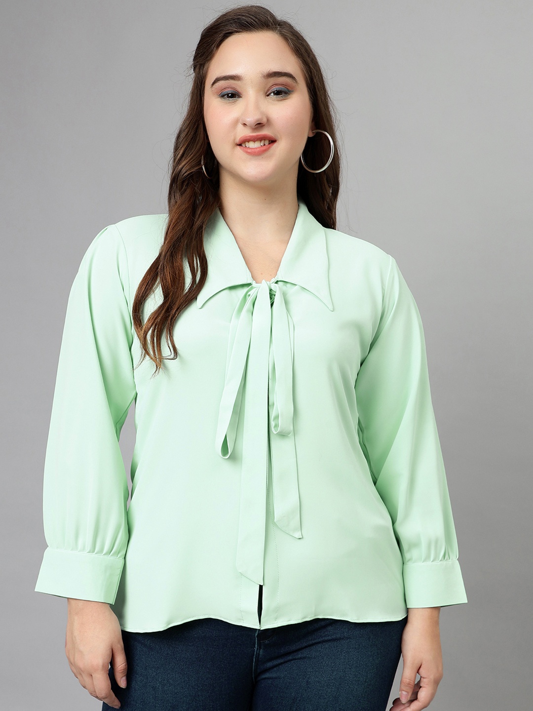 

Curvy Lane Plus Size Tie-Up Details Shirt Style Top, Green