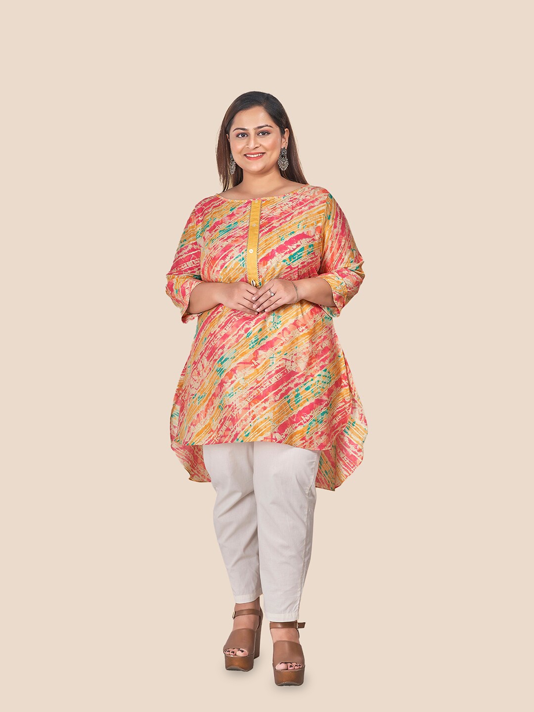 

Curvy Lane Leheriya Print High-low Kurti, Yellow
