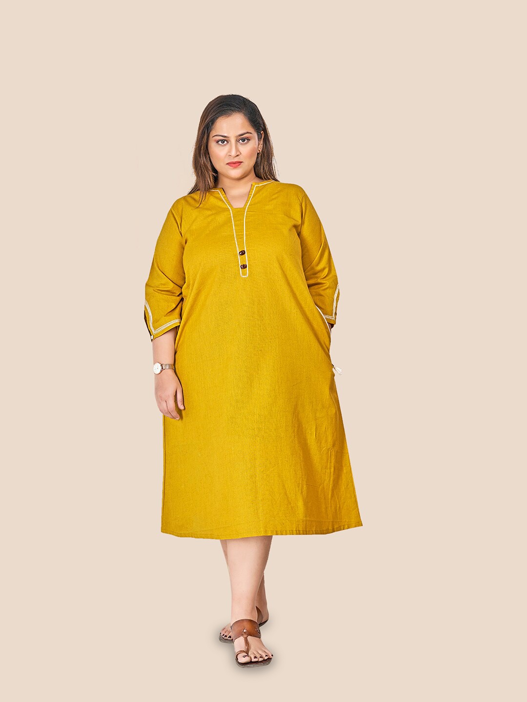 

Curvy Lane Plus Size Round Neck Cotton A Line Midi Dress, Mustard