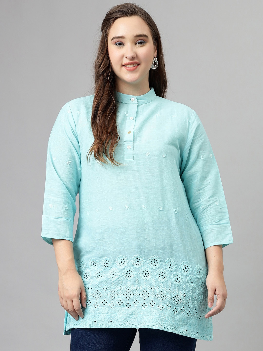 

Curvy Lane Floral Embroidered Mandarin Collar Pure Cotton Kurti, Blue
