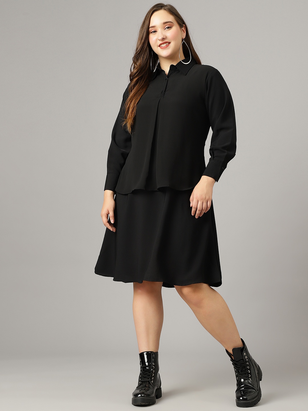 

Curvy Lane Plus Size Shirt Collar Long Sleeves Tunic, Black