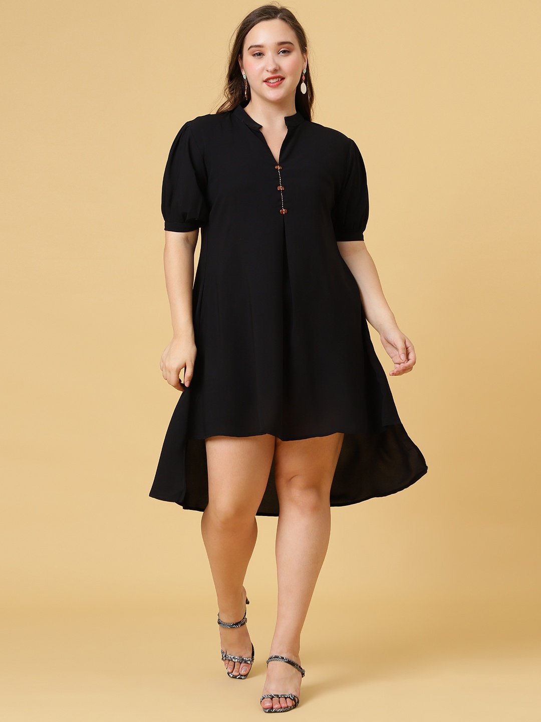 

Curvy Lane Plus Size Mandarin Collar High Low Tunic, Black