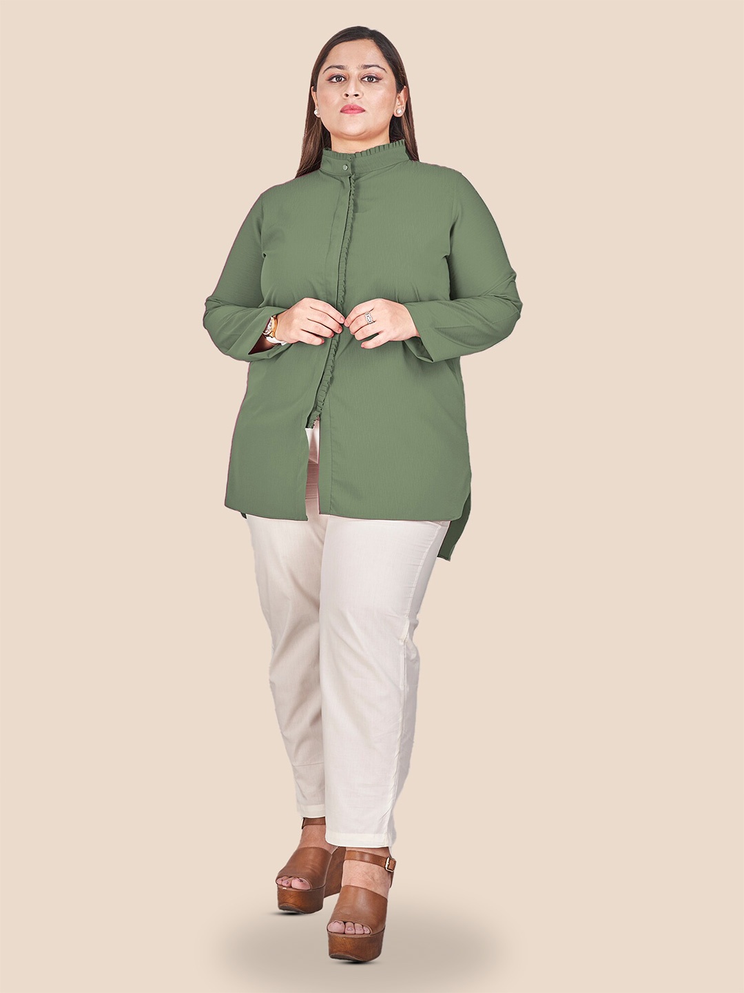 

Curvy Lane Plus Size Mandarin Collar Shirt Style Top, Green