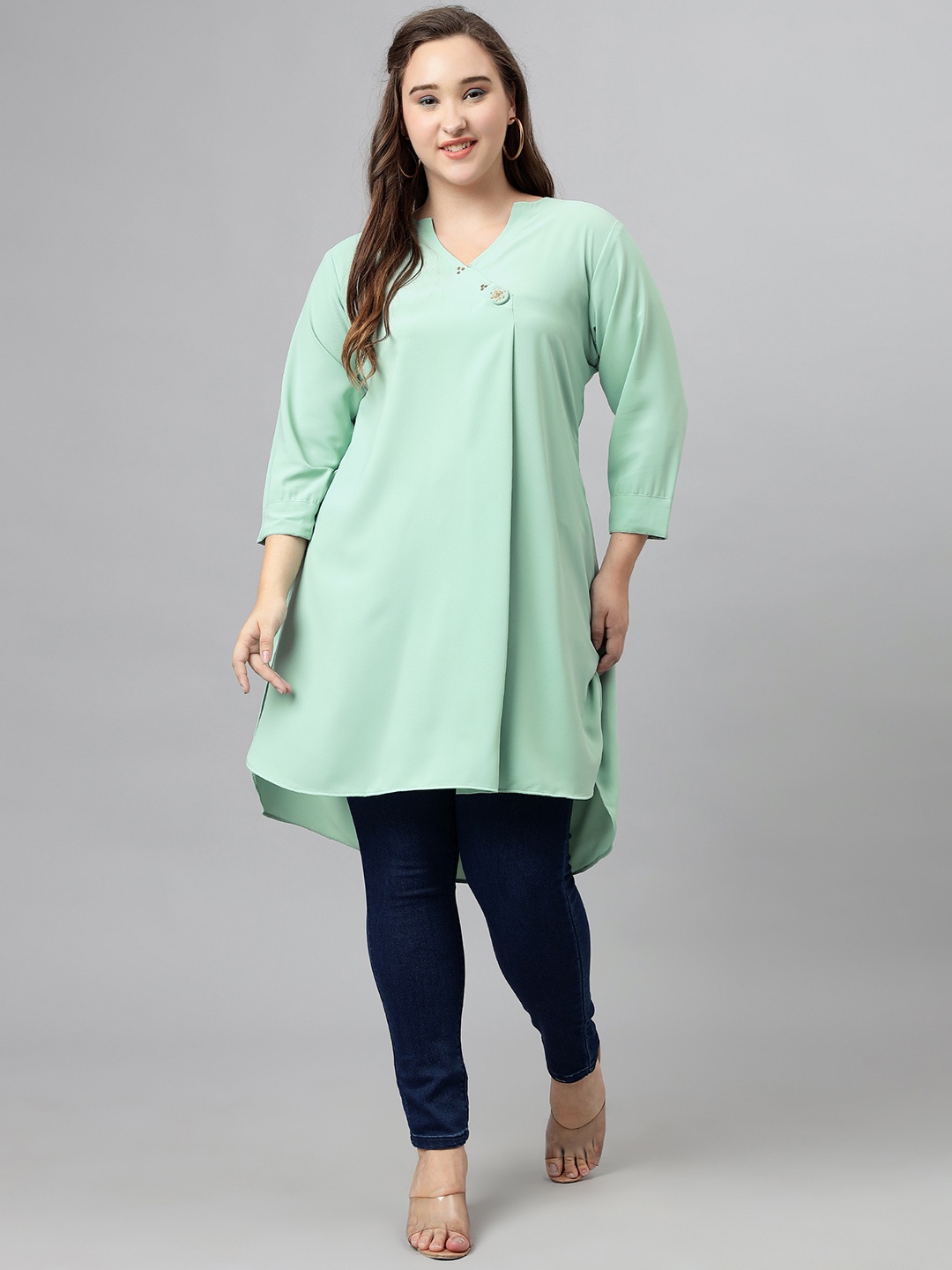 Curvy Lane Plus Size V-Neck High-Low A-Line Kurta, Green