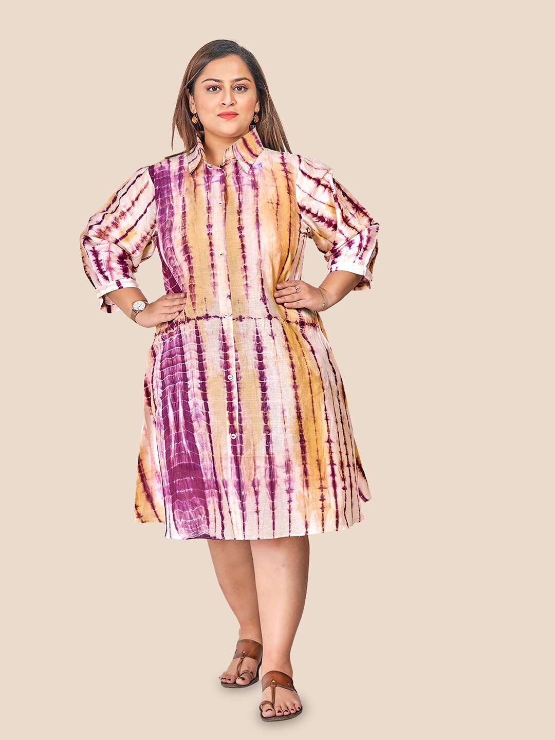 

Curvy Lane Tie and Dye Shirt Collar Puff Sleeves Cotton Shirt Dress, Pink
