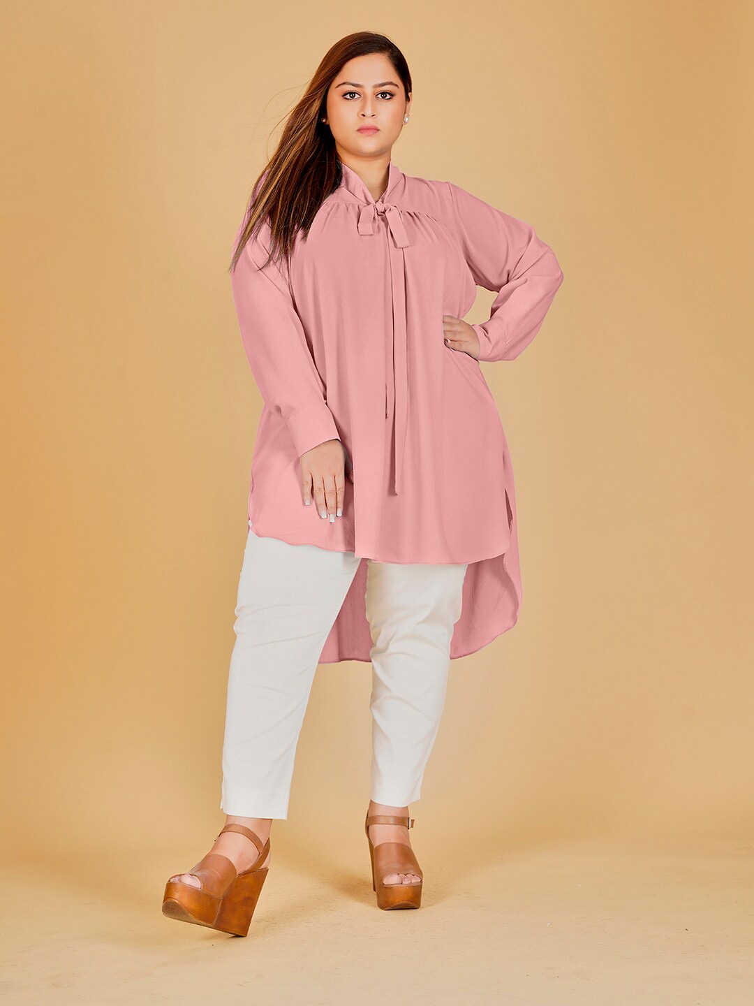 

Curvy Lane Tie-Up Neck Gatheres Detailed High Low Tunic, Pink