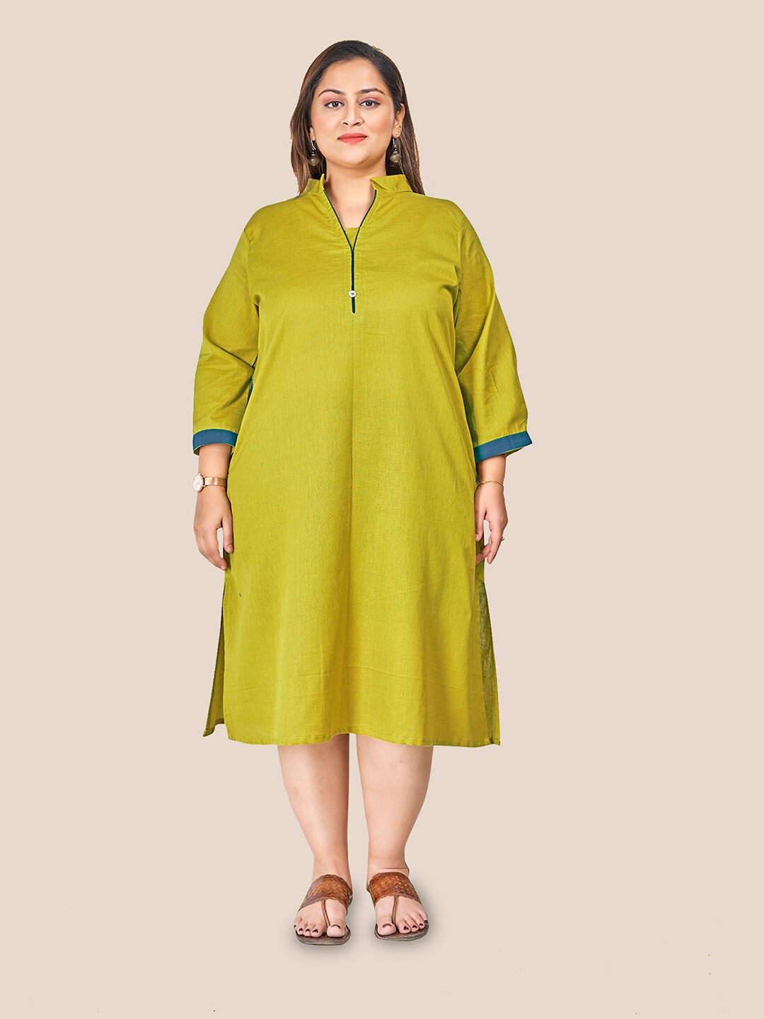 

Curvy Lane Mandarin Collar Cotton A-Line Midi Dress, Green