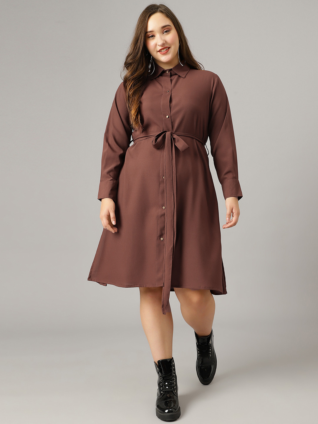 

Curvy Lane Plus Size Shirt Collar Cuffed Sleeves Belted Shirt Dress, Brown