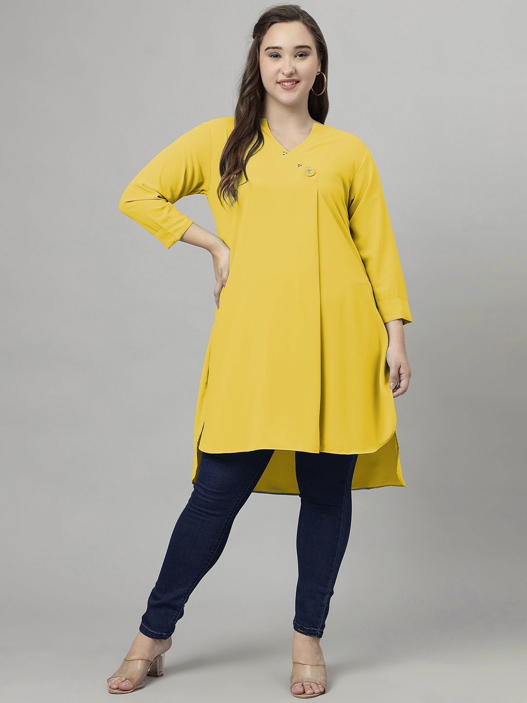 

Curvy Lane Plus Size Notched Neck High-Low A-Line Kurta, Yellow