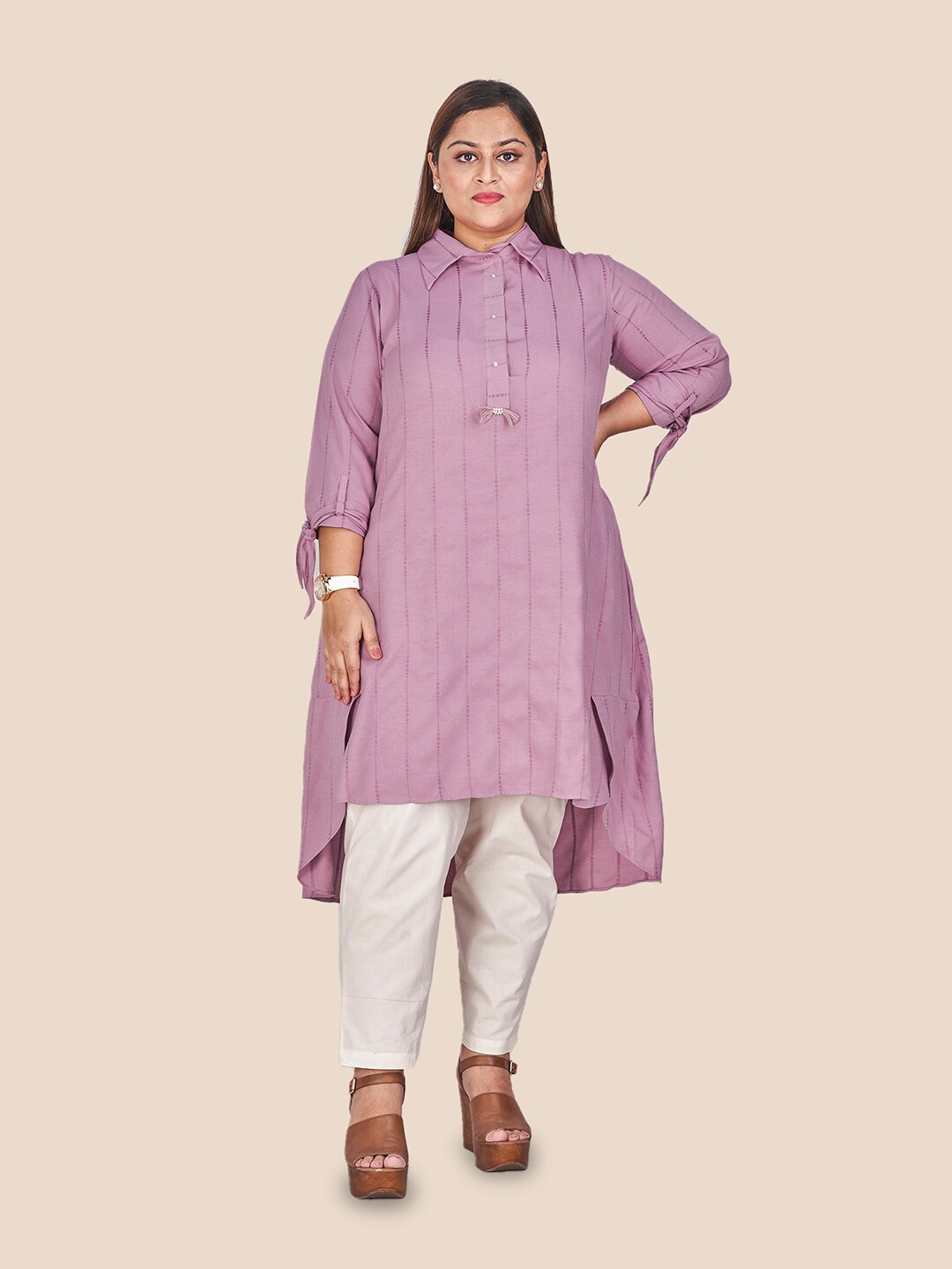 

Curvy Lane Plus Size Striped Shirt Collar High-Low A-Line Kurta, Purple