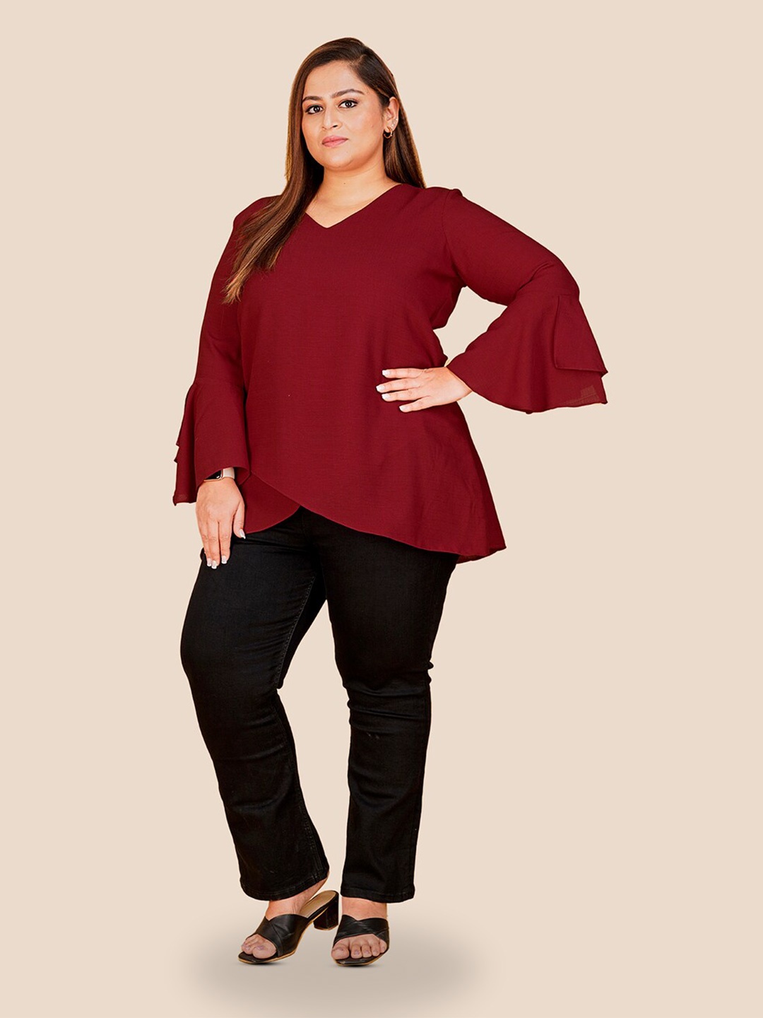 

Curvy Lane Plus Size Bell Sleeves Regular Top, Maroon