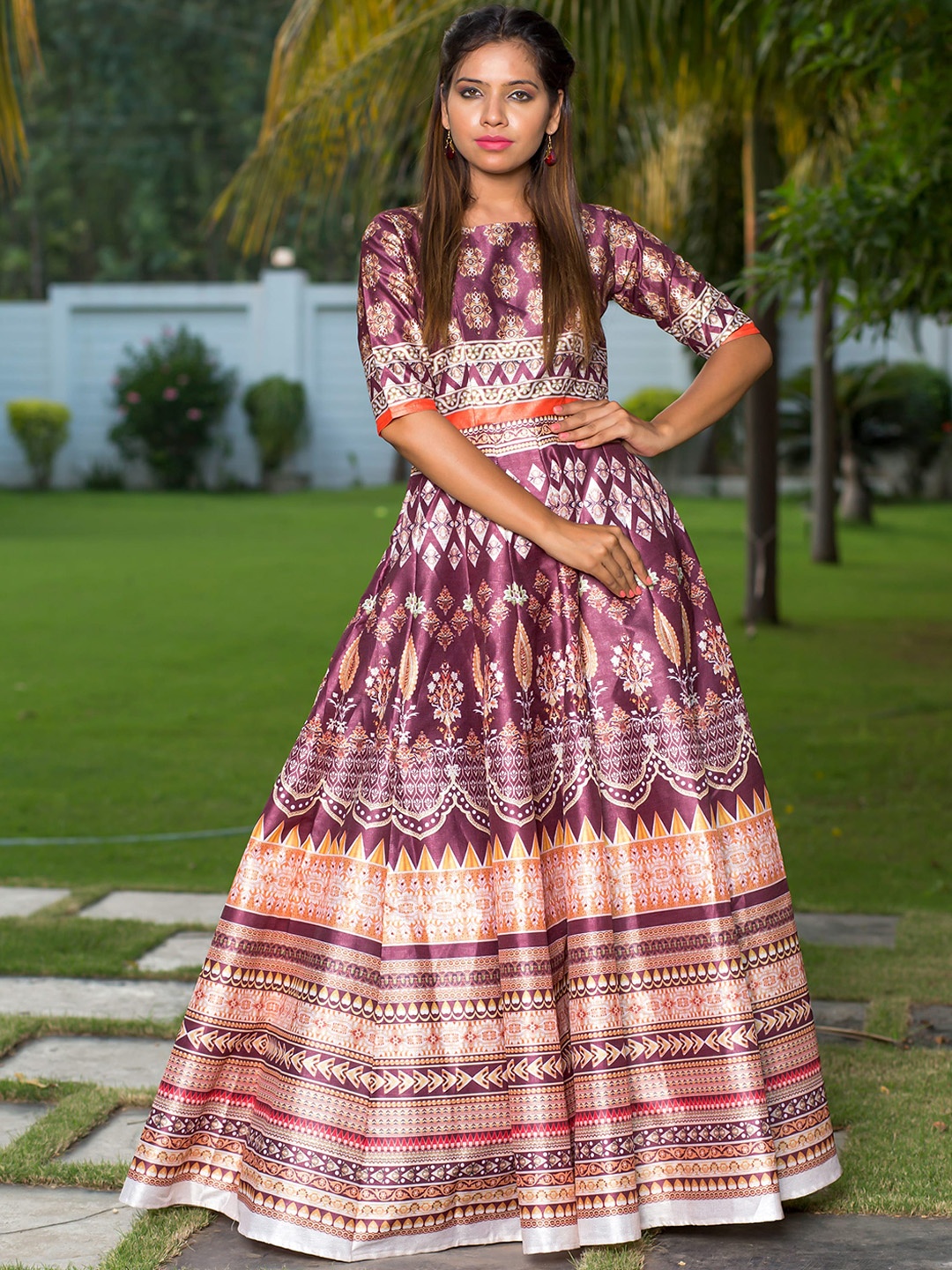 

Zeel Clothing Ethnic Motifs Printed Fit & Flare Maxi Dress, Brown