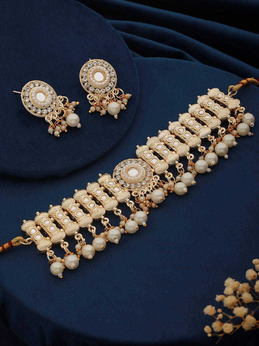 

Aadvik Designs Gold-Plated Stones Studded & Beaded Necklace & Earrings