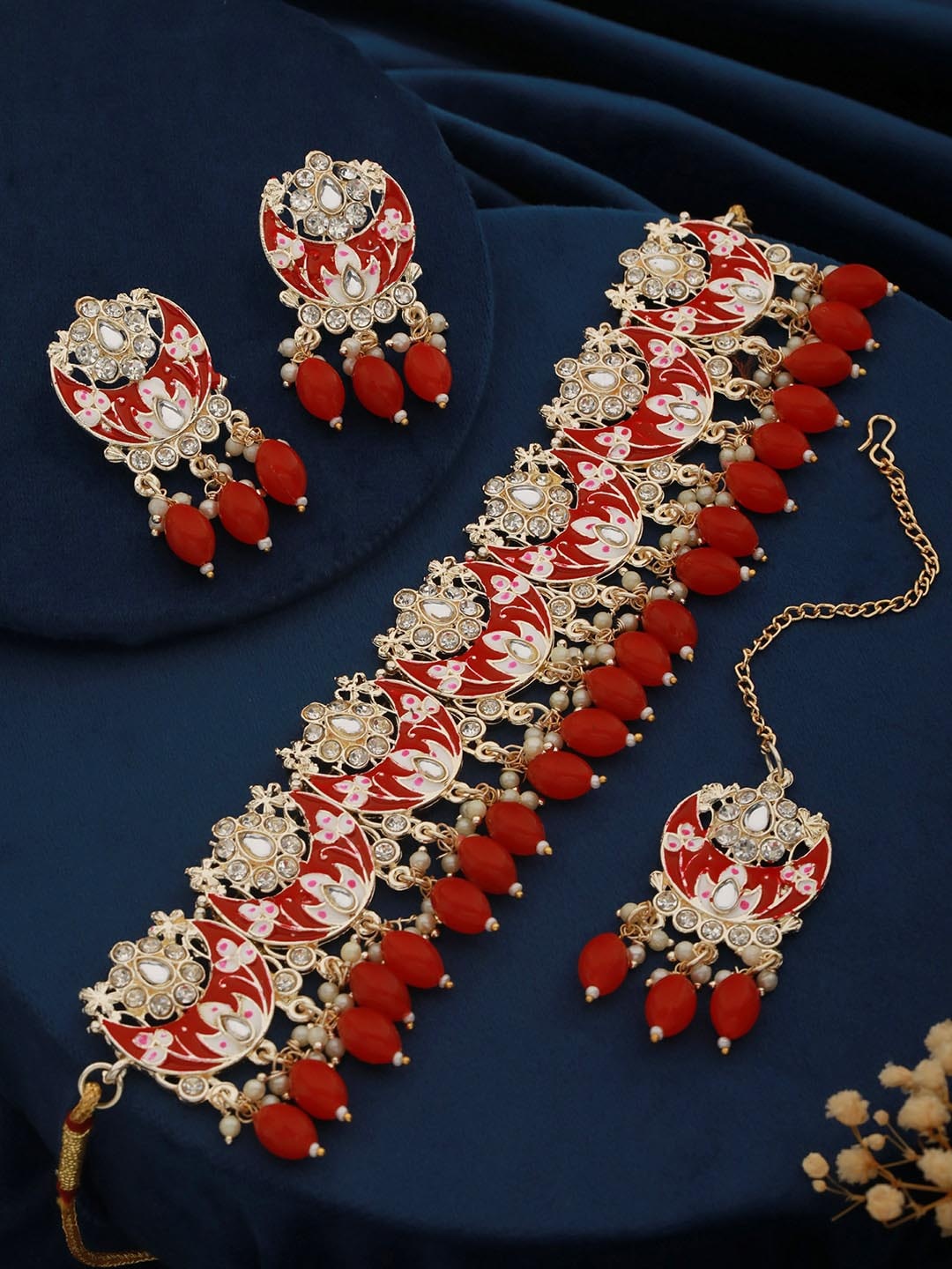 

Aadvik Designs Gold-Plated CZ Studded & Beaded Necklace With Earrings & Maang Tika