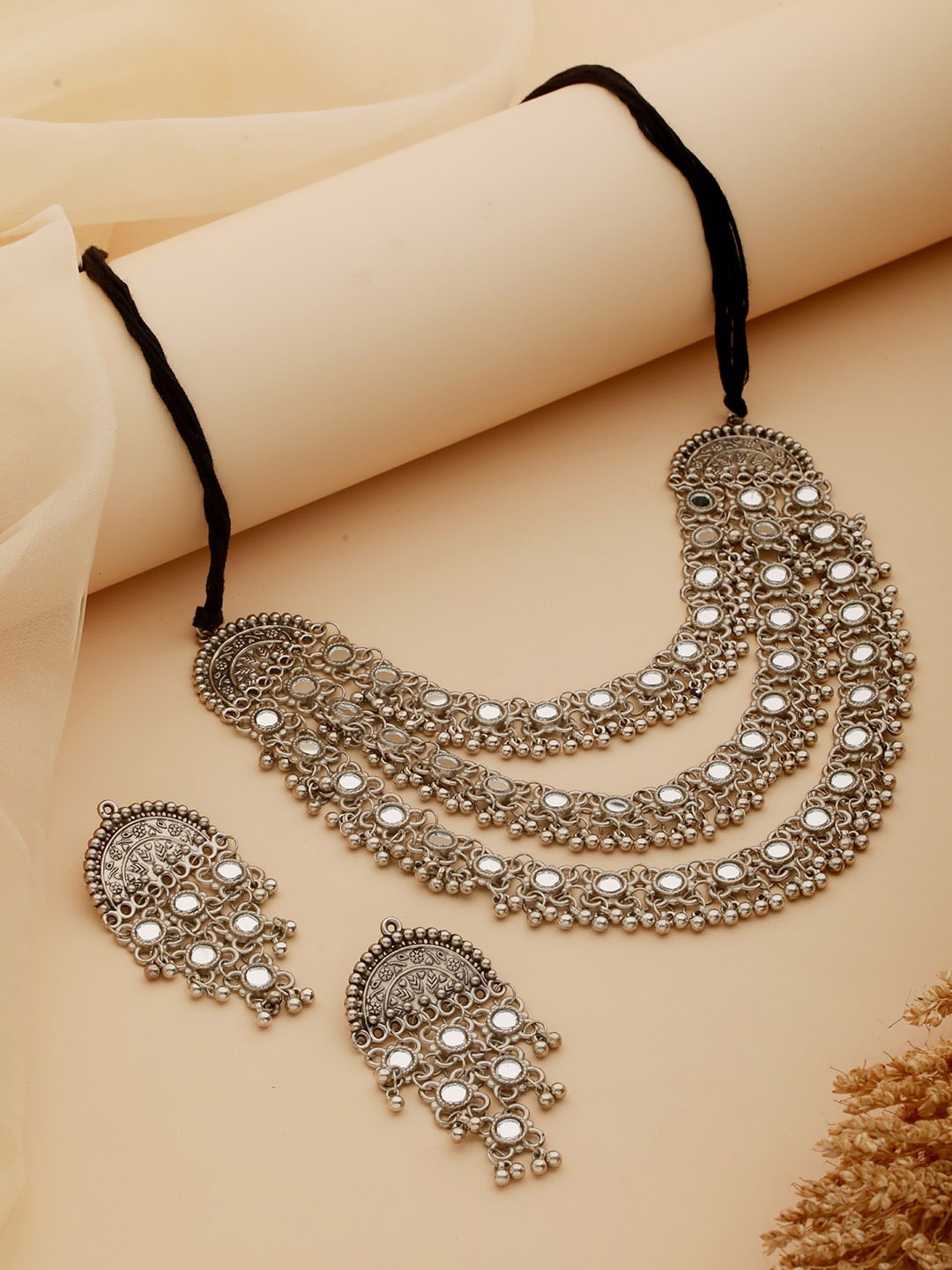 

Aadvik Designs Silver-Plated Mirror-Studded & Beaded Jewellery Set