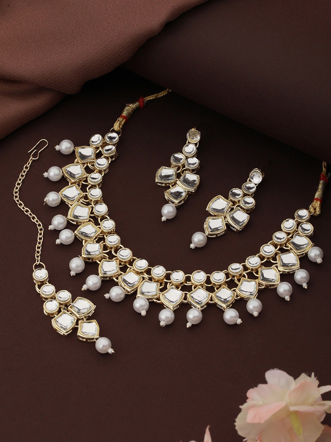 

Aadvik Designs Gold-Plated Kundan Studded & Beaded Mirror Jewellery Set