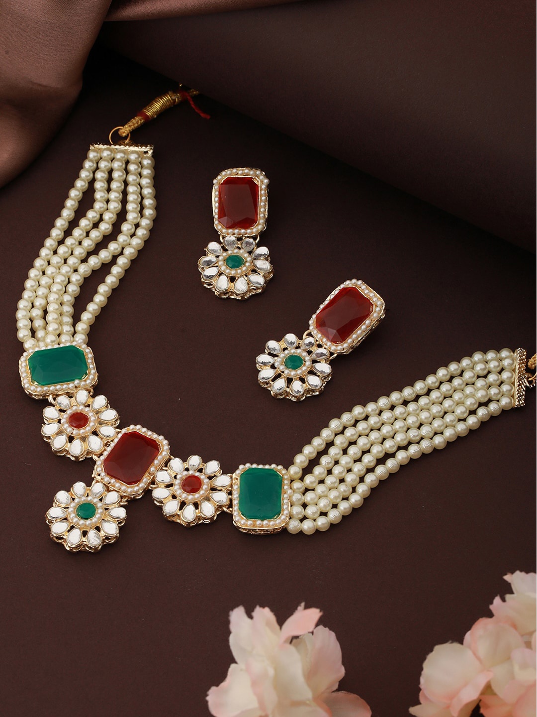 Aadvik Designs Gold-Plated Stone Studded & Pearls Beaded Jewellery Set