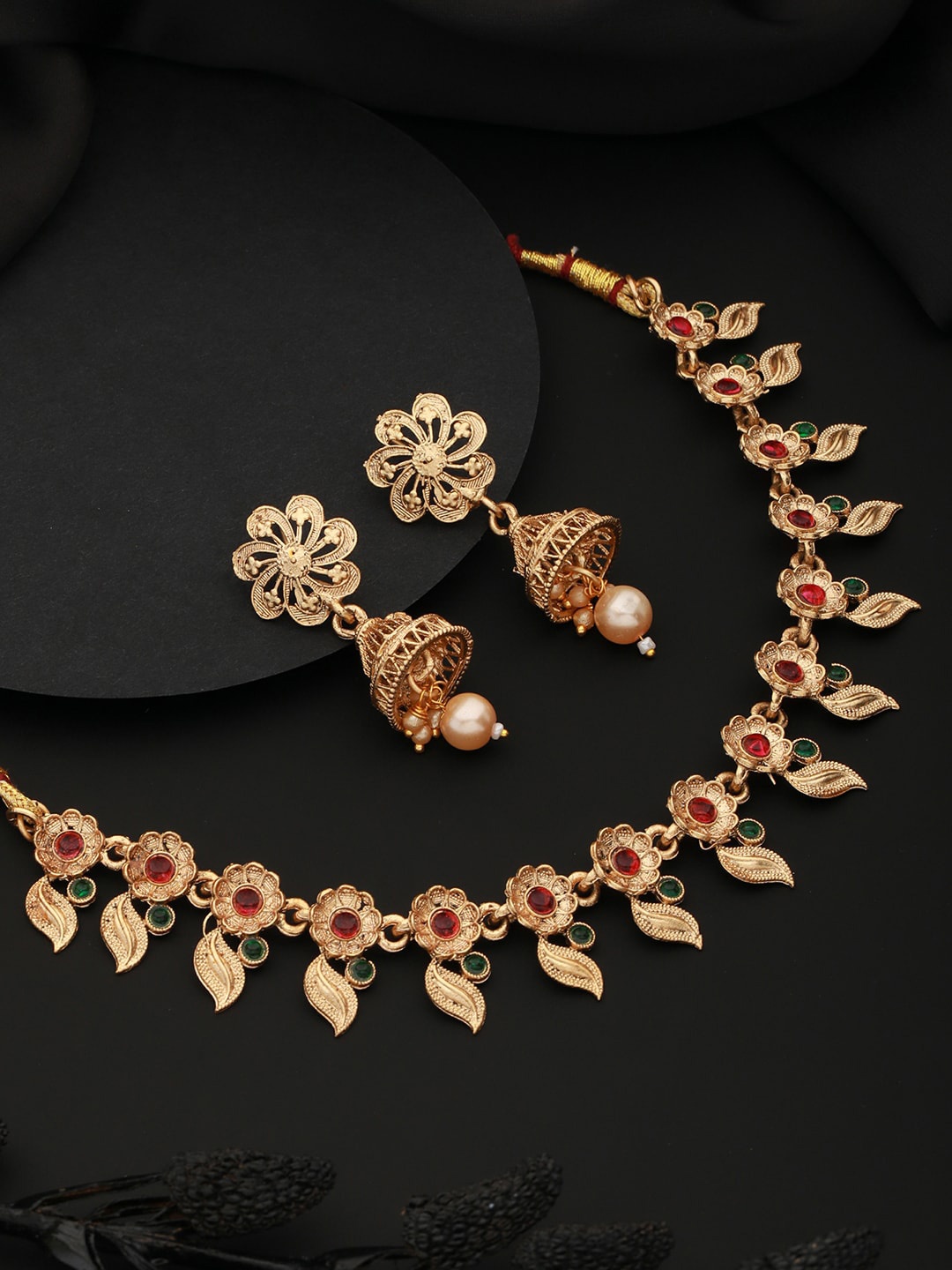 

Aadvik Designs Gold-Plated Stone Studded & Beaded Temple Jewellery Set