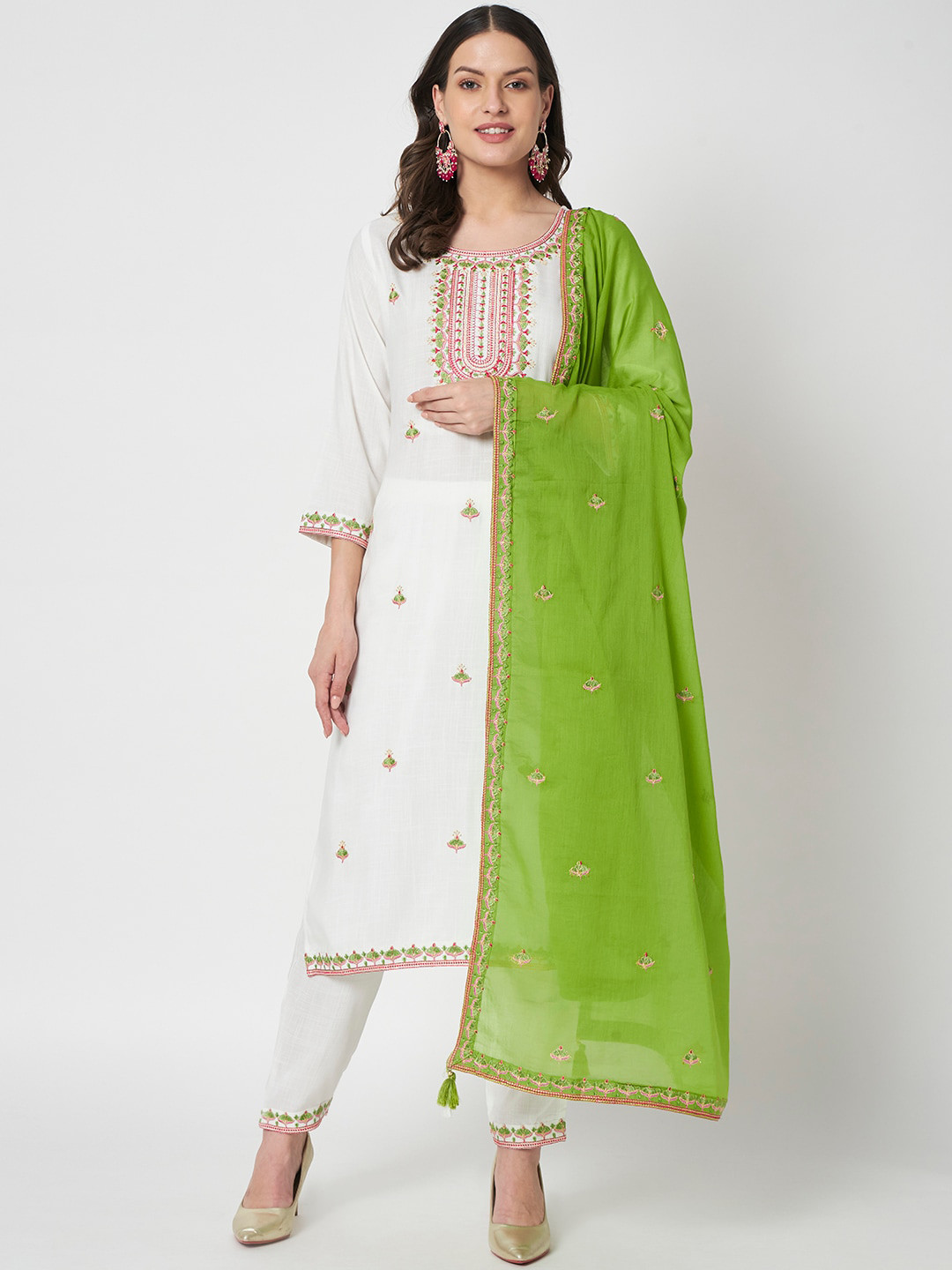 

IkDaiya Floral Embroidered Yoke Design Kurta with Trousers & With Dupatta, White