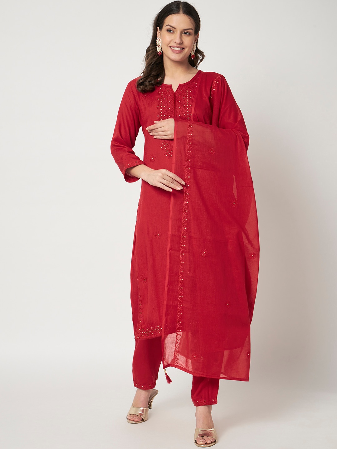 

IkDaiya Ethnic Motifs Embroidered Beads and Stones Kurta with Trousers & With Dupatta, Red