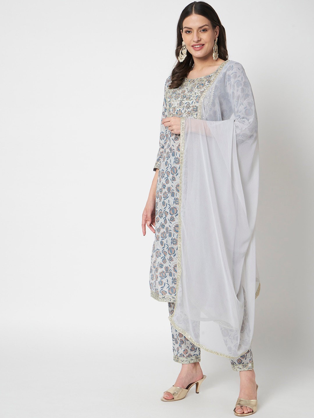 

IkDaiya Floral Printed Kurta With Trousers & Dupatta, Blue