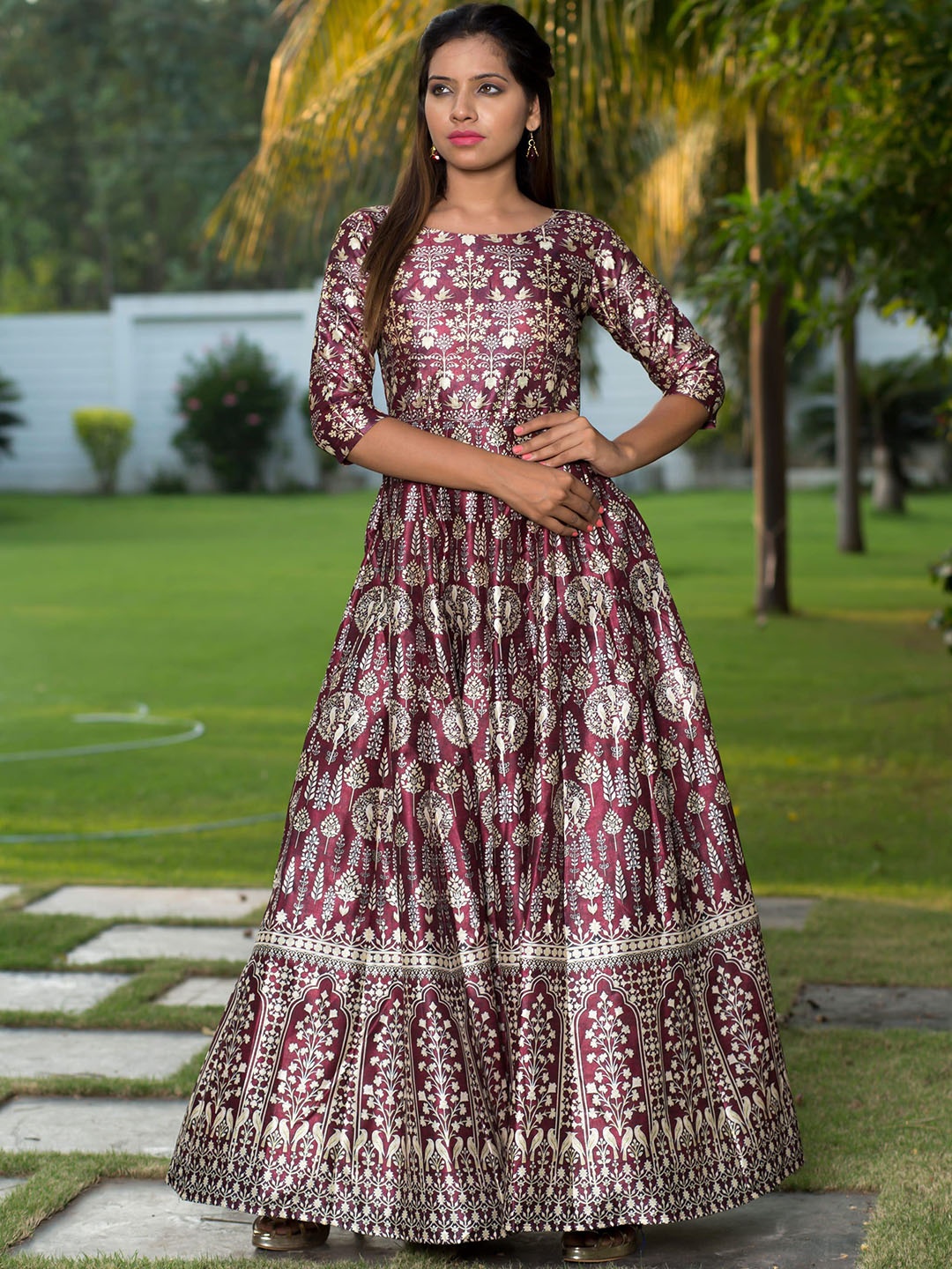 

Zeel Clothing Ethnic Motifs Printed Gathered Gown Ethnic Dress With Dupatta, Brown