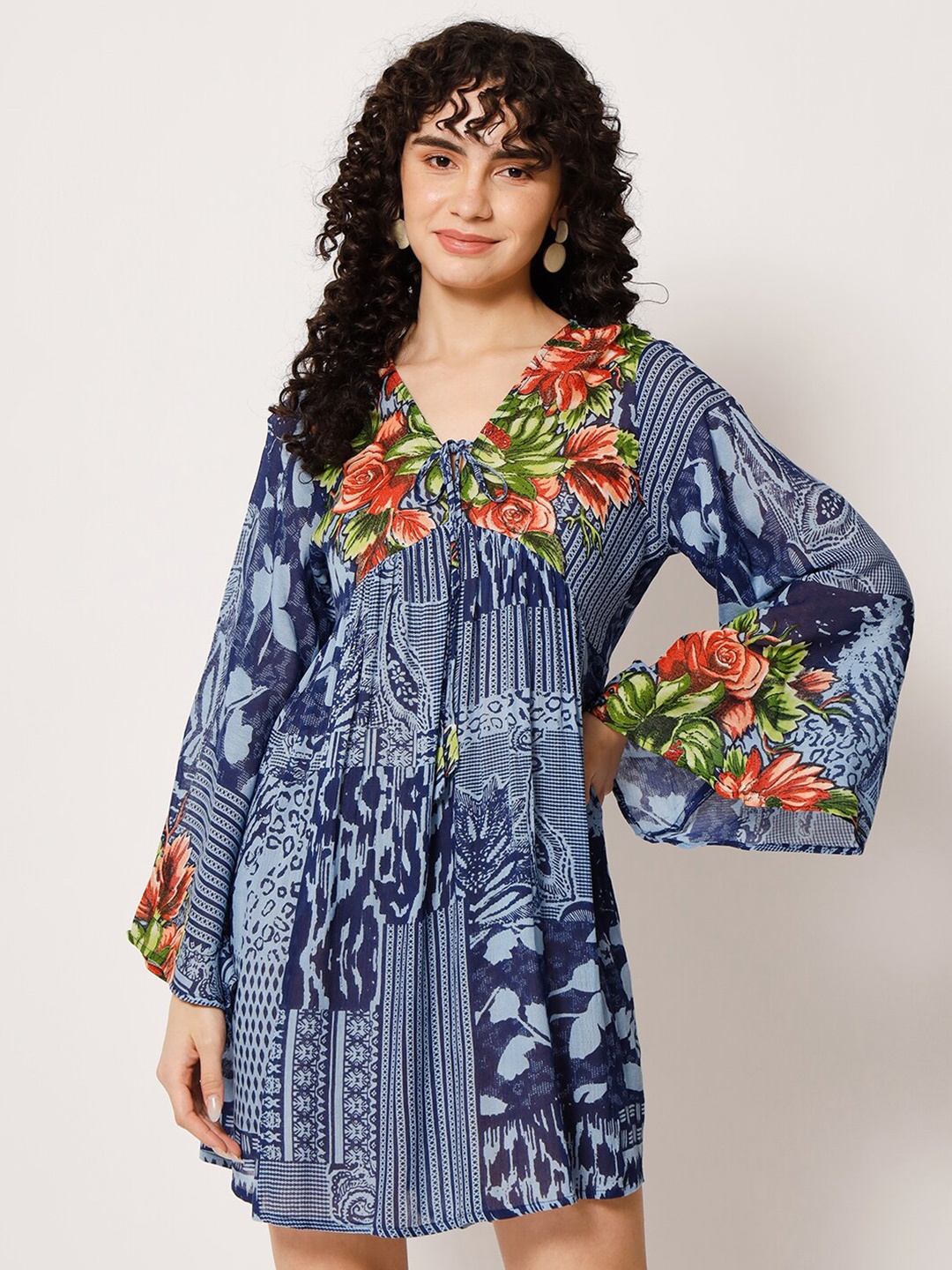 

VELDRESS Floral Printed Flared Sleeve Empire Dress, Blue
