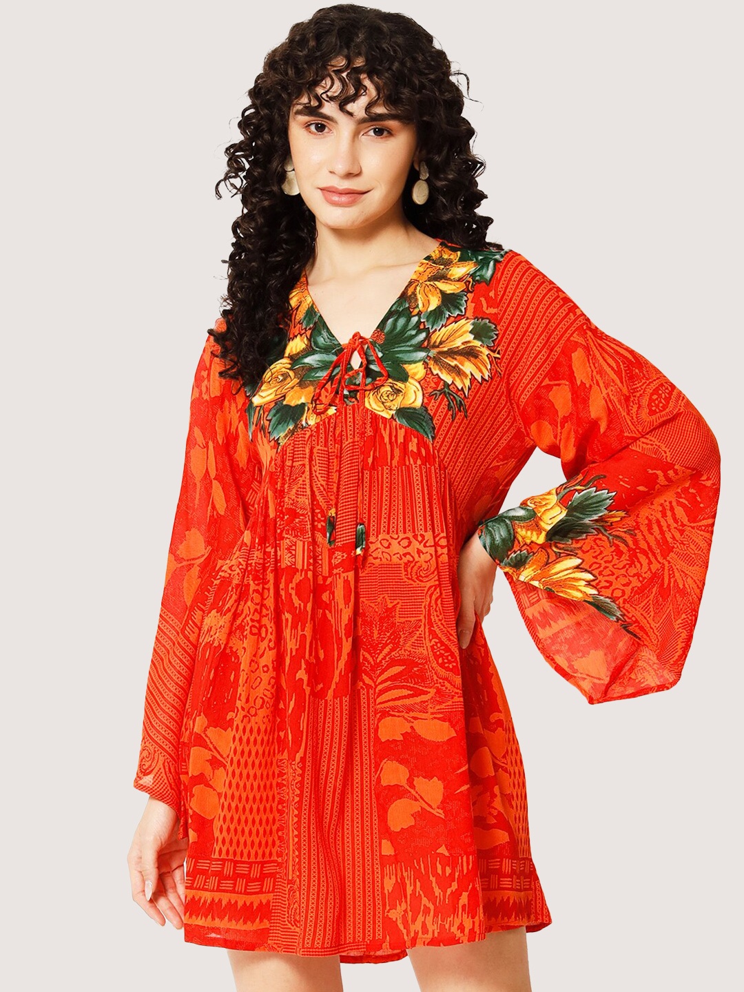 

VELDRESS Floral Printed Flared Sleeve Empire Dress, Orange