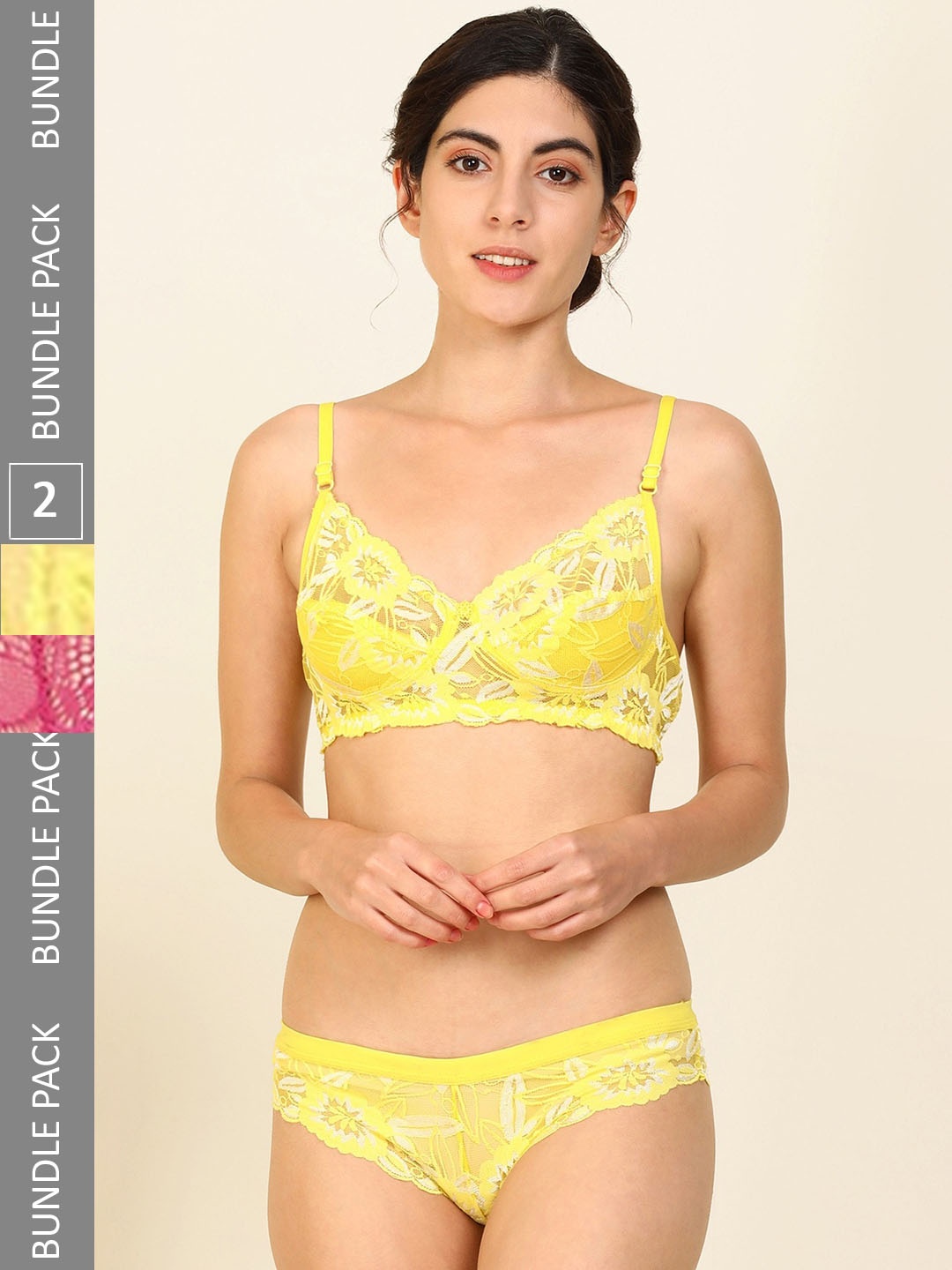 

Aamarsh Pack Of 2 Lace Cotton Non-Padded Lingerie Set, Yellow