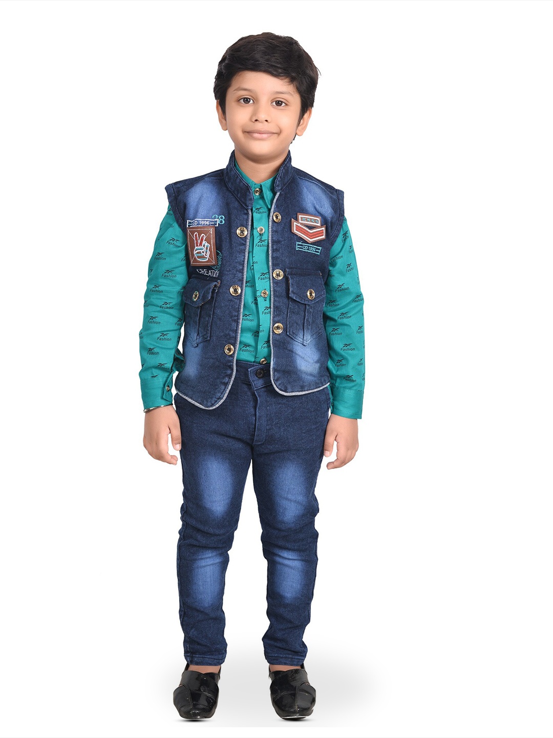 

BAESD Boys Printed Shirt With Trousers And Waist Coat, Blue