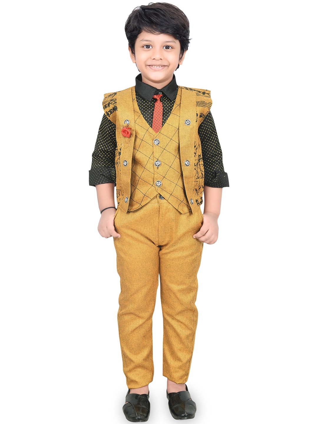 

BAESD Boys Printed Shirt & Trousers With Waistcoat & Tie, Mustard