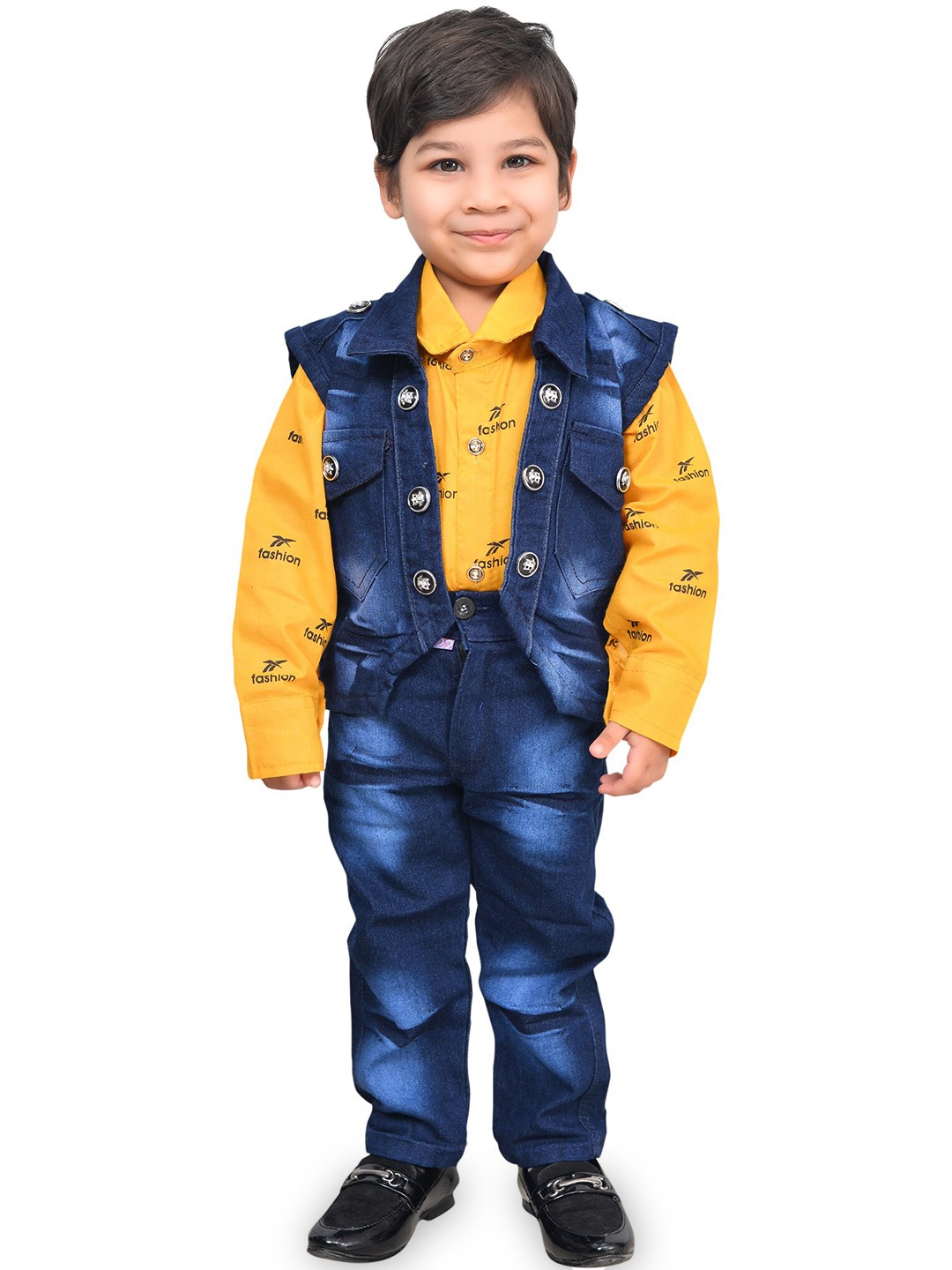 

BAESD Boys Printed Shirt with Washed Jeans & Denim Jacket, Navy blue