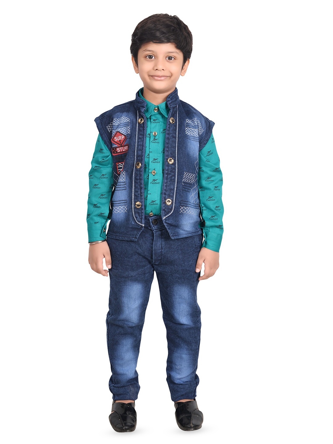 

BAESD Boys Printed Shirt with Jeans & Denim Waistcoat, Blue