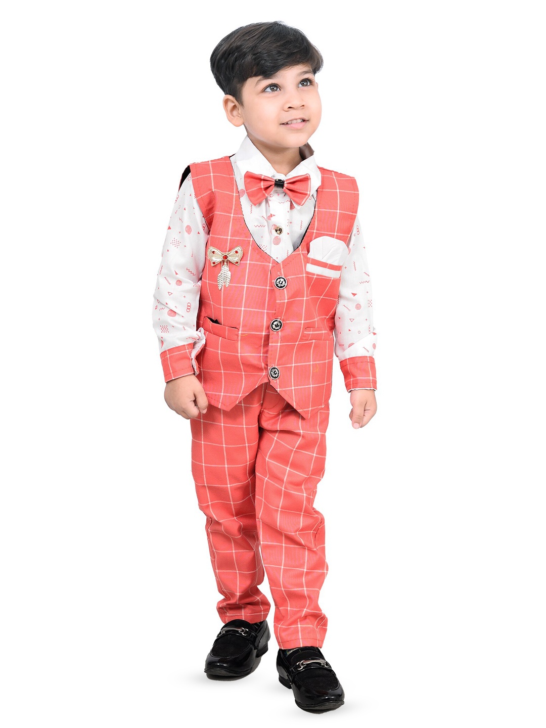 

BAESD Boys Checked Waistcoat with Shirt Pant & Bow Tie, Pink