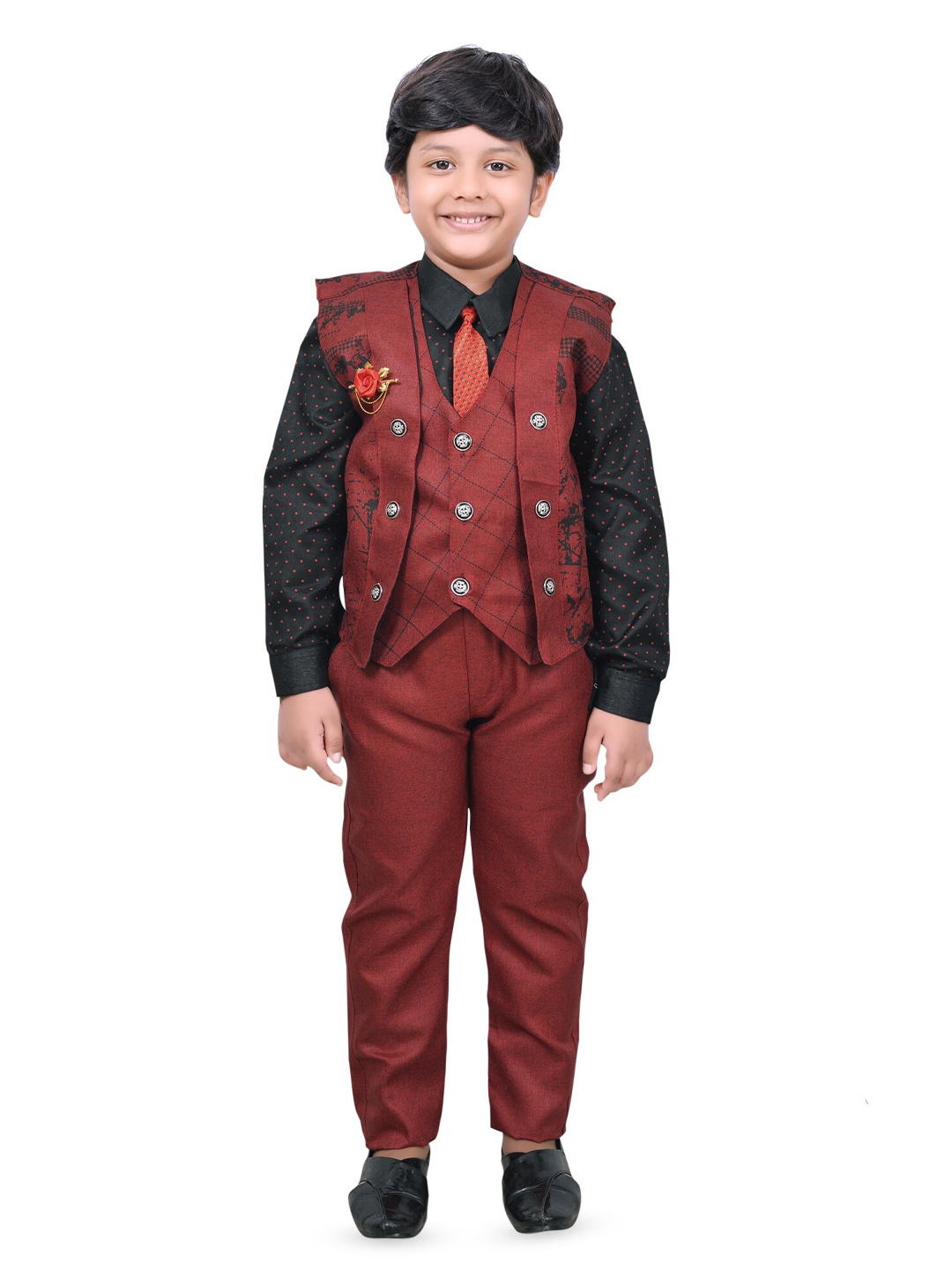 

BAESD Boys Print Waistcoat with Shirt Pant & Tie, Maroon