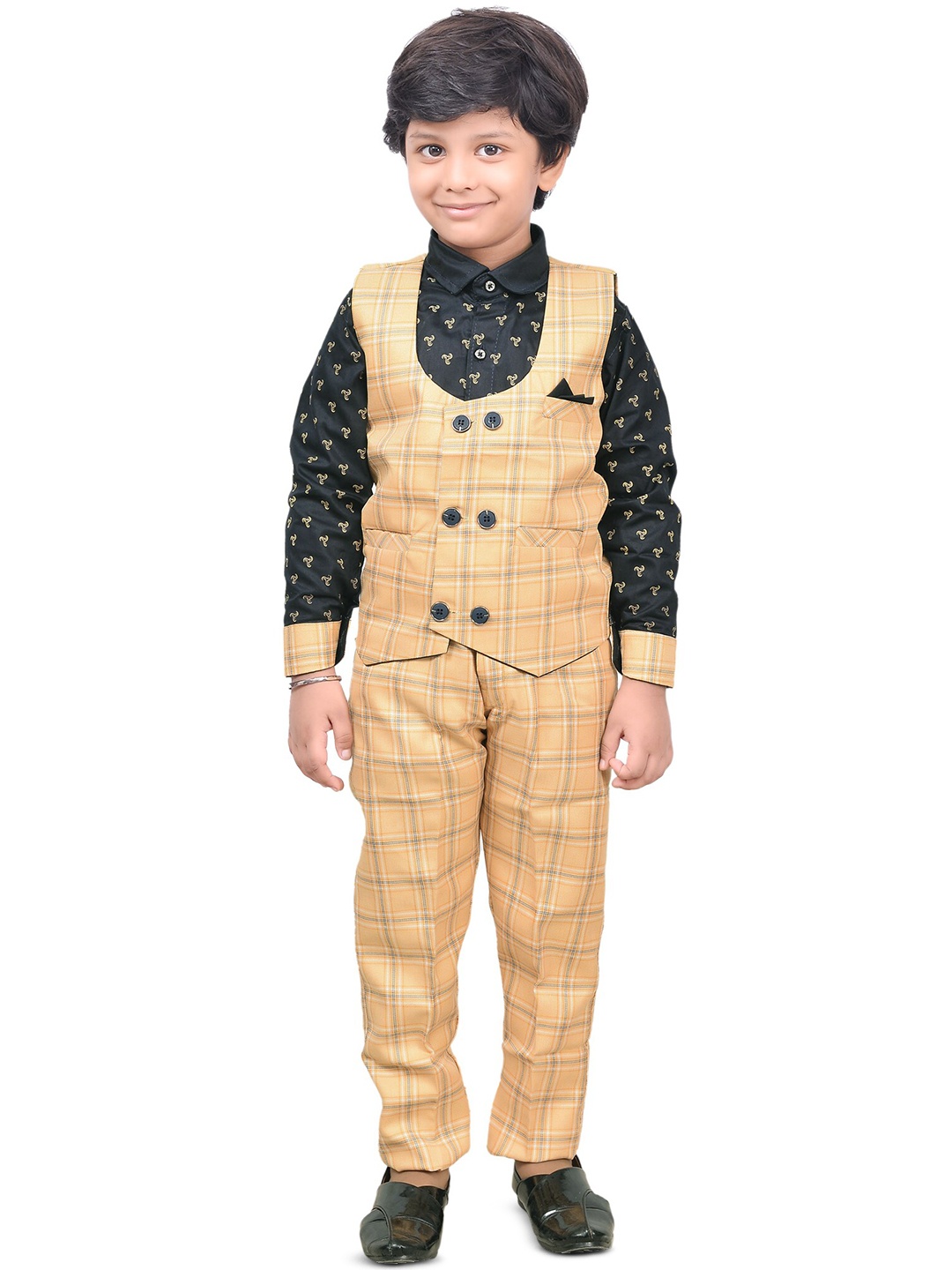 

BAESD Boys Printed Shirt with Trousers & Waistcoat, Khaki