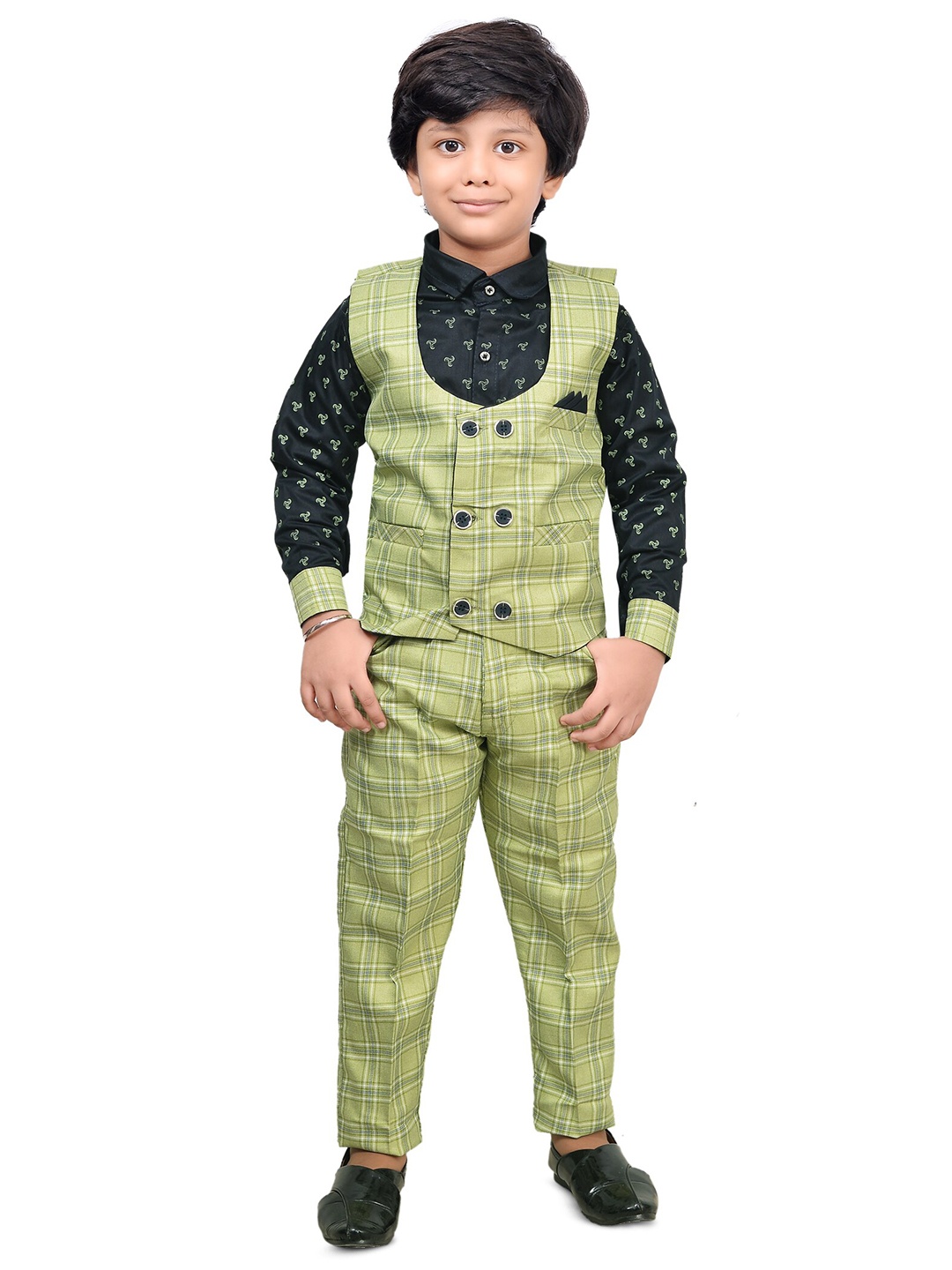 

BAESD Boys Checked Waistcoat with Shirt Pant, Green