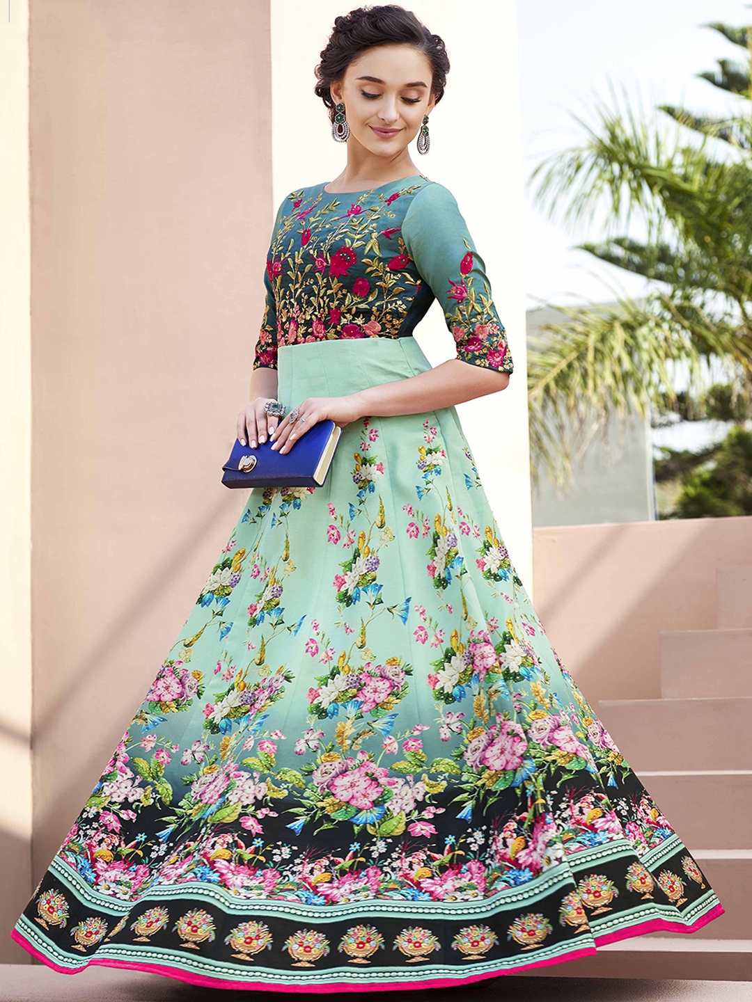 

SAPTRANGI Floral Printed Embroidered Maxi Dress, Turquoise blue