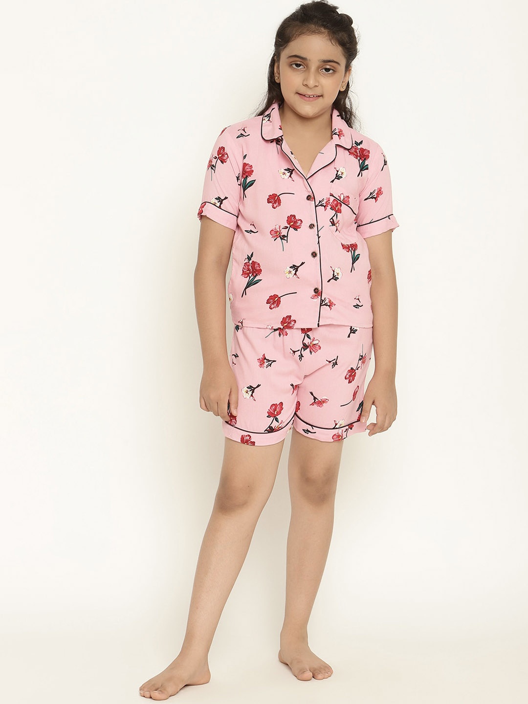 

Stuffie Land Girls Floral Printed Night suit, Pink