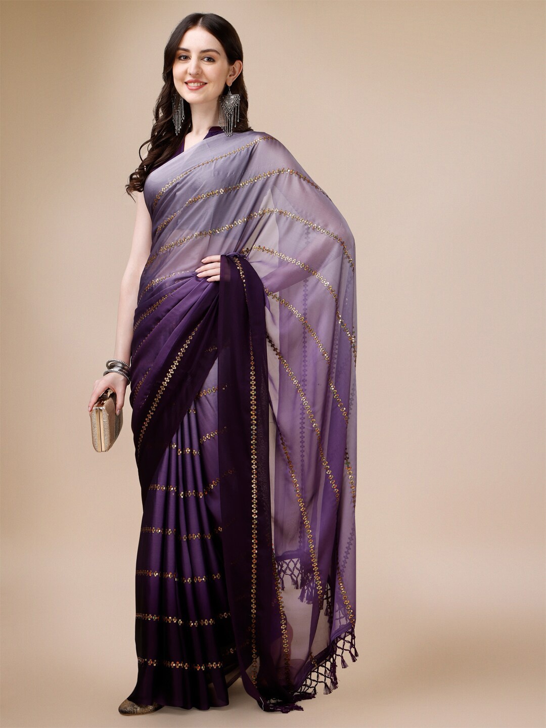 

KALINI Embellished Sequinned Saree, Purple