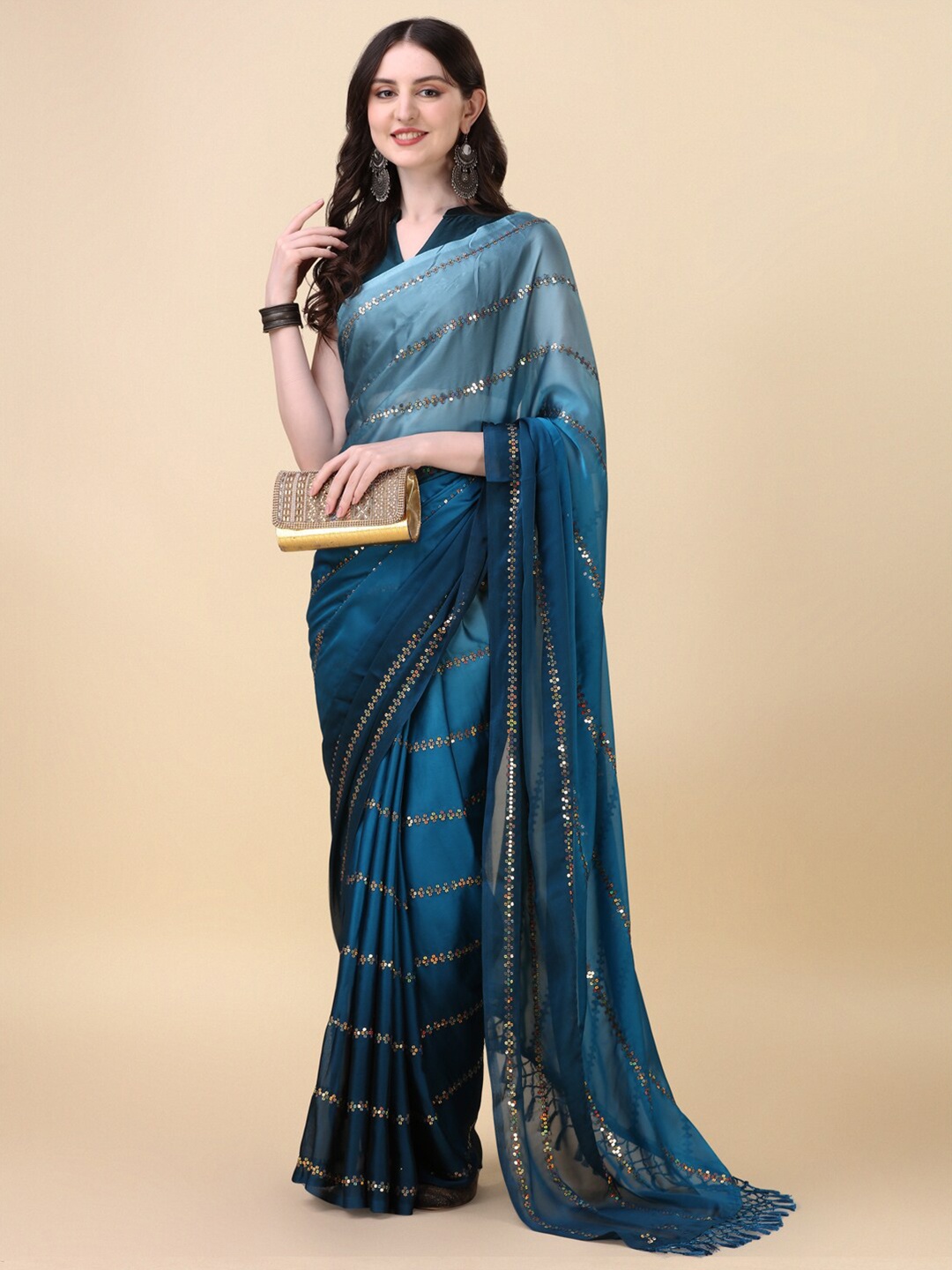 

KALINI Embellished Sequinned Saree, Teal