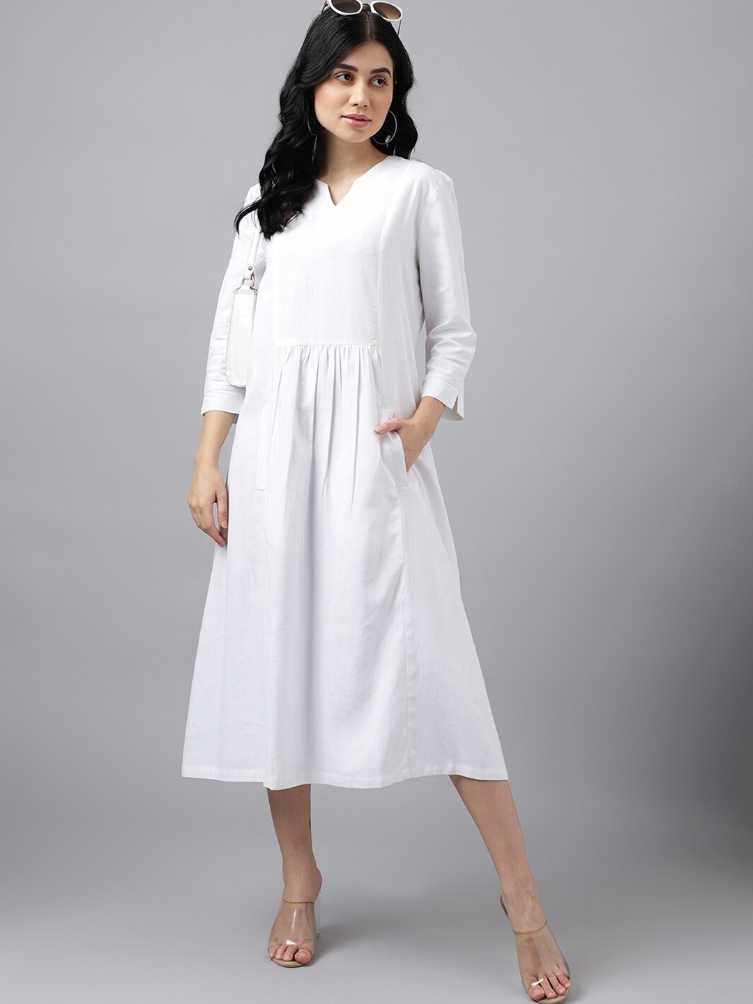 

Hancock Round Neck Gathered A-Line Midi Dress, White