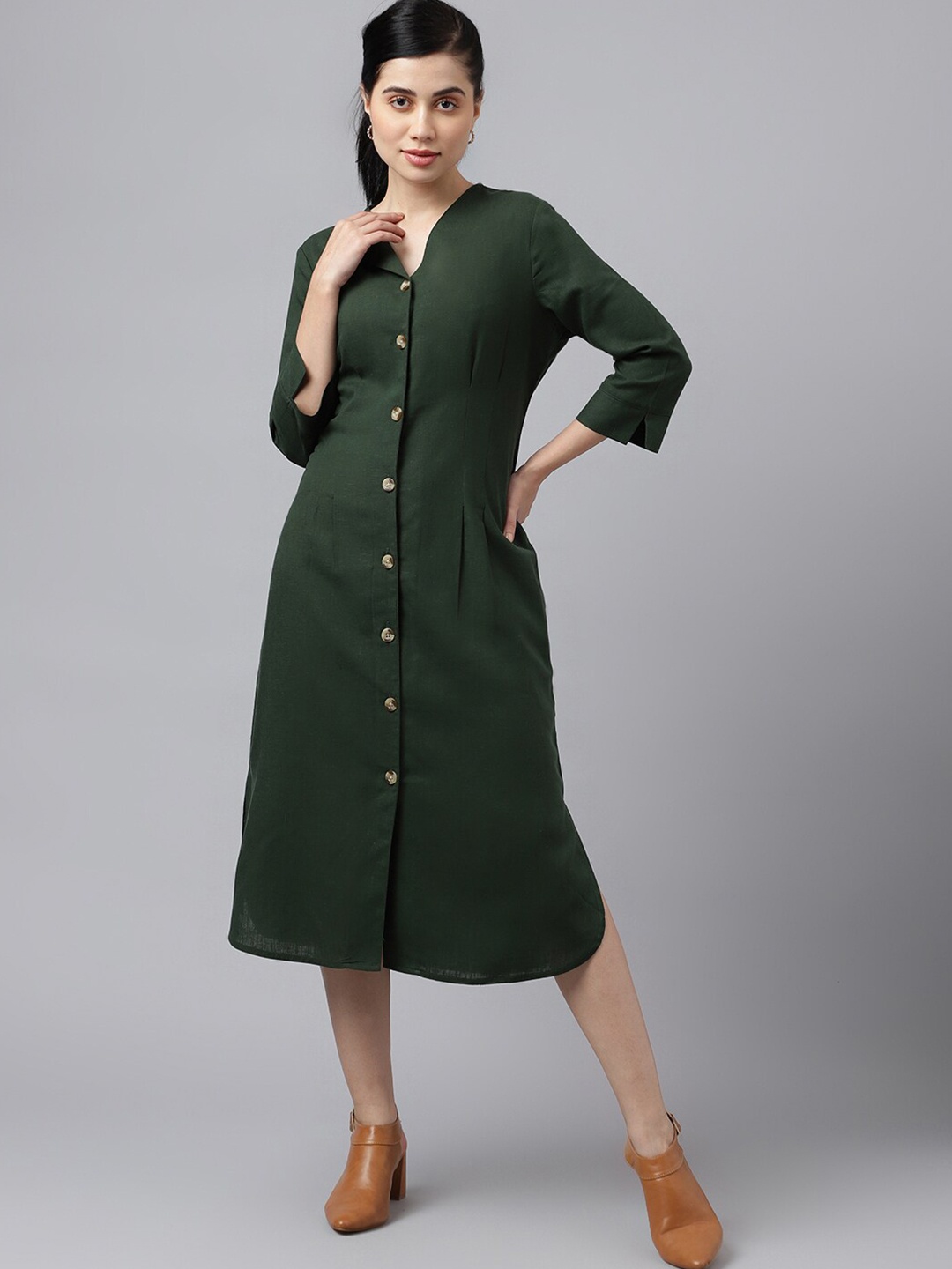 

Hancock V-Neck Pleated Pure Cotton A-Line Midi Dress, Green