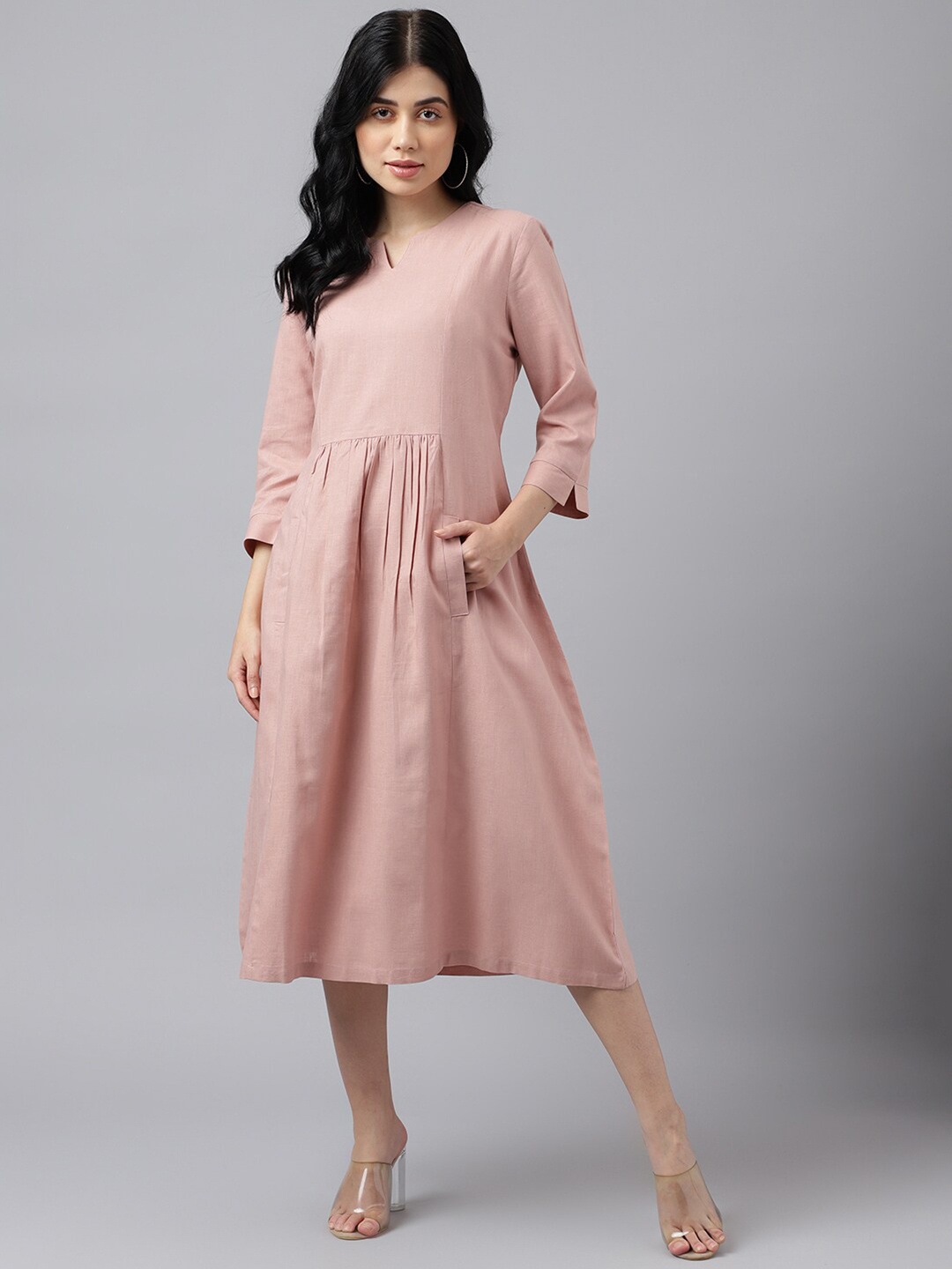 

Hancock Round Neck Gathered Pure Cotton A-Line Midi Dress, Pink