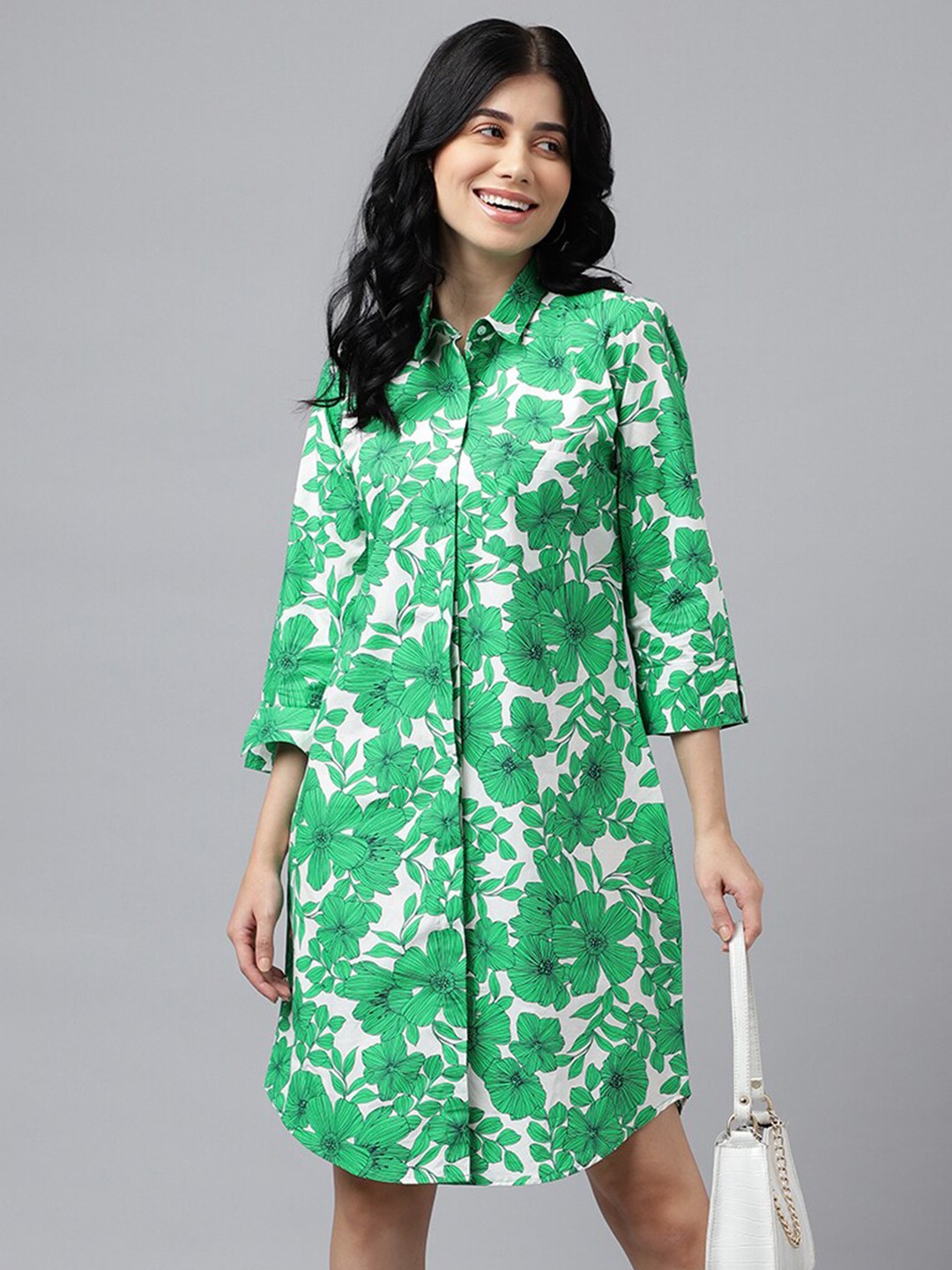 

Hancock Floral Printed Regular Sleeve Pure Cotton Shirt Dress, Green