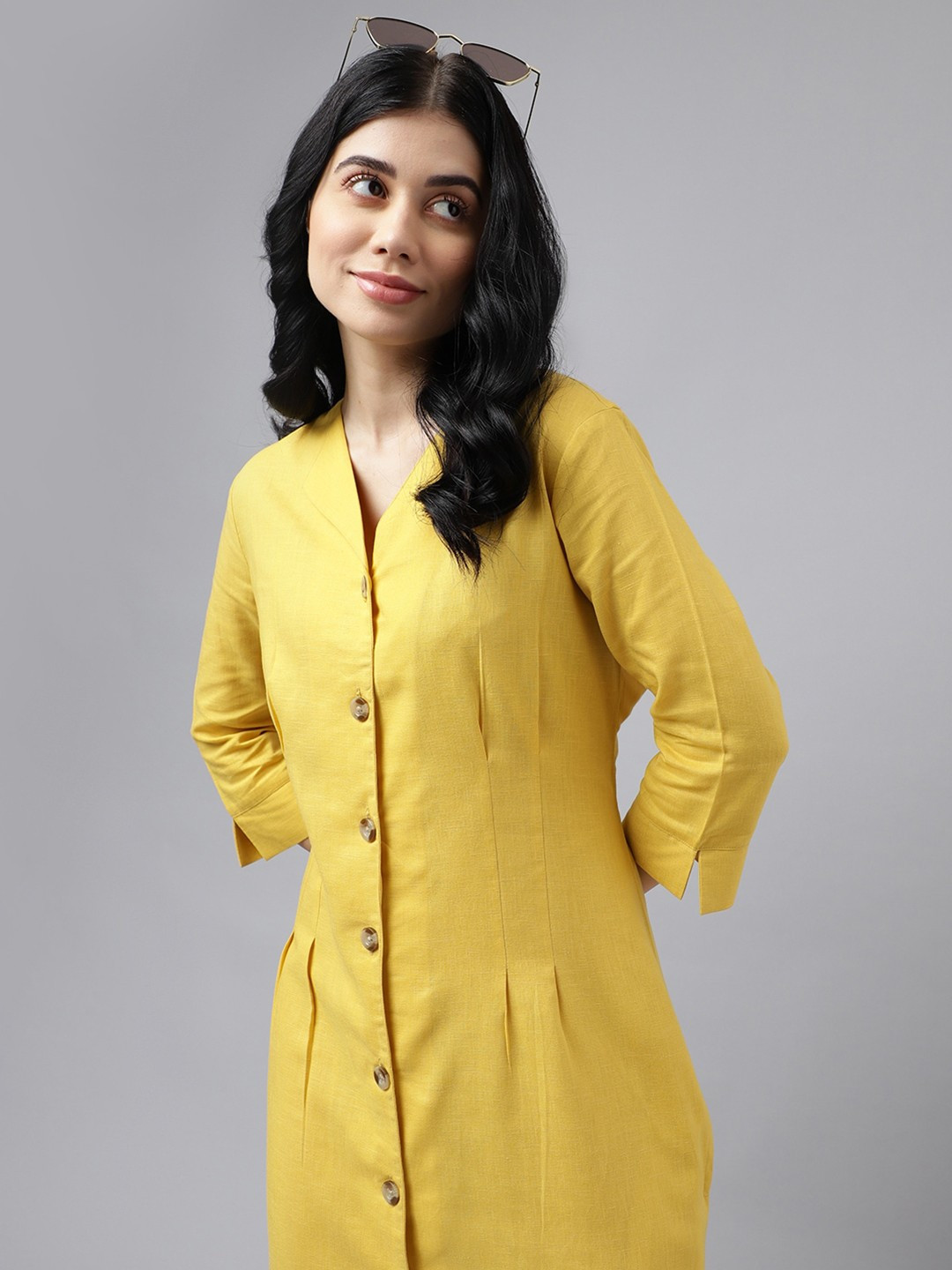 

Hancock V-Neck Pleated Pure Cotton A-Line Midi Dress, Yellow