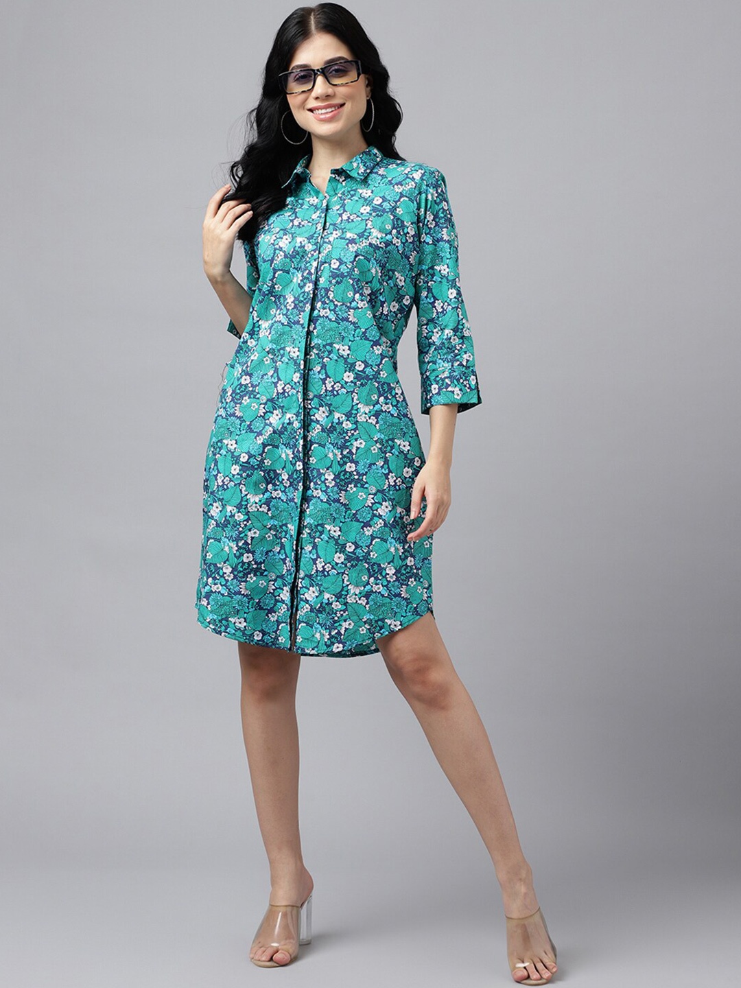 

Hancock Floral Printed Regular Sleeve Pure Cotton Shirt Dress, Green
