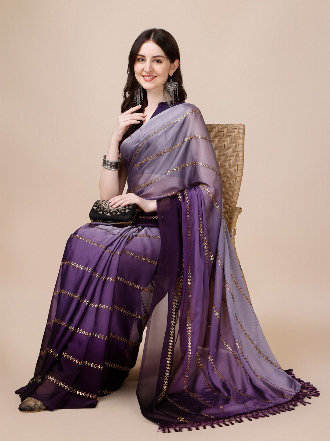 

KALINI Embellished Sequinned Silk Blend Saree, Purple