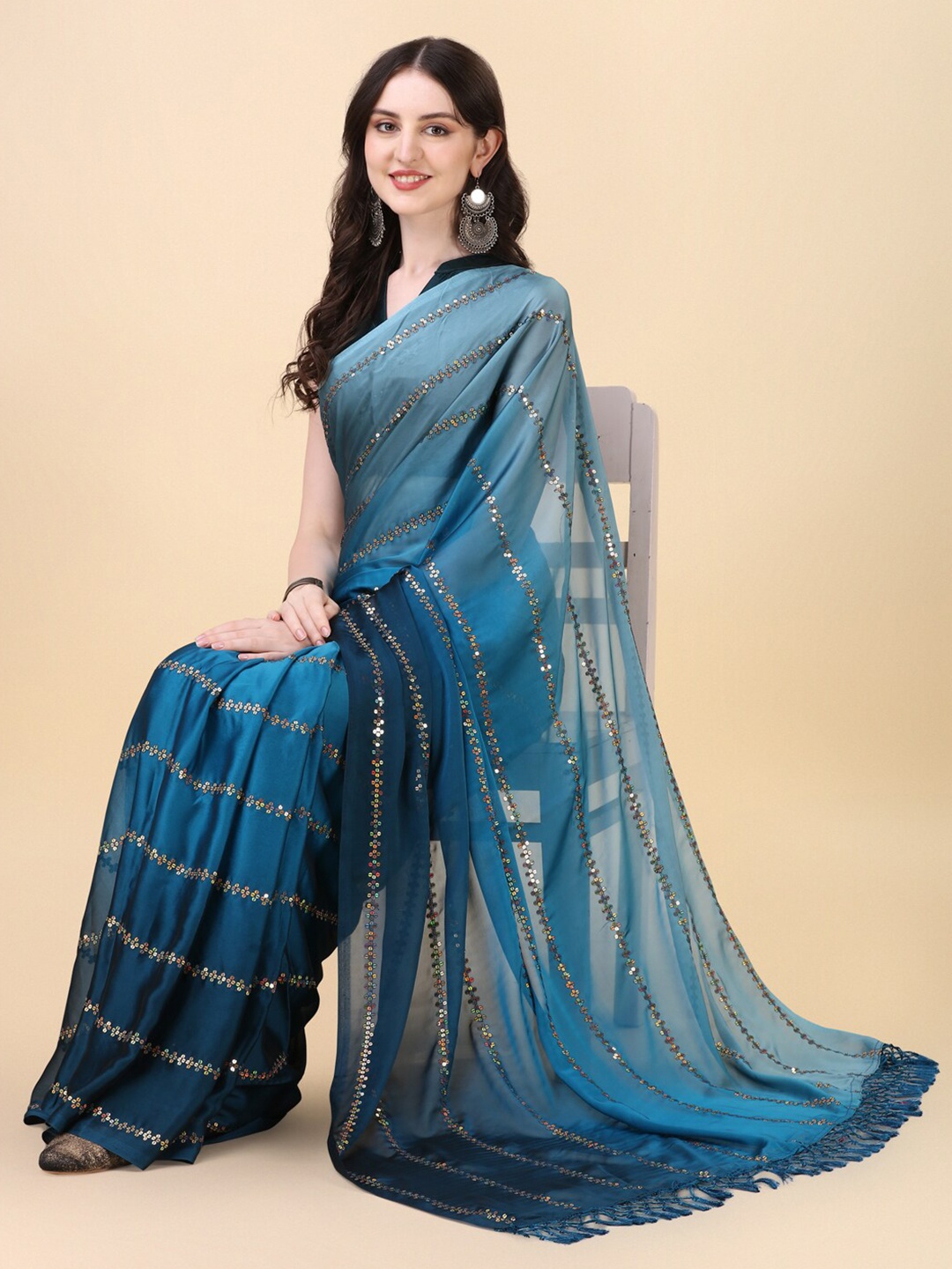 

KALINI Embellished Sequinned Saree, Teal